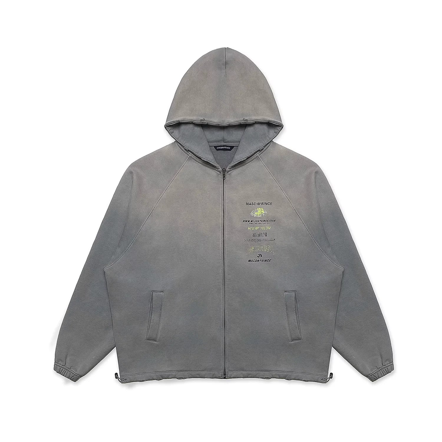 MASONPRINCE Men's Retro Graphic Zip-Up Hoodie with Distressed Finish