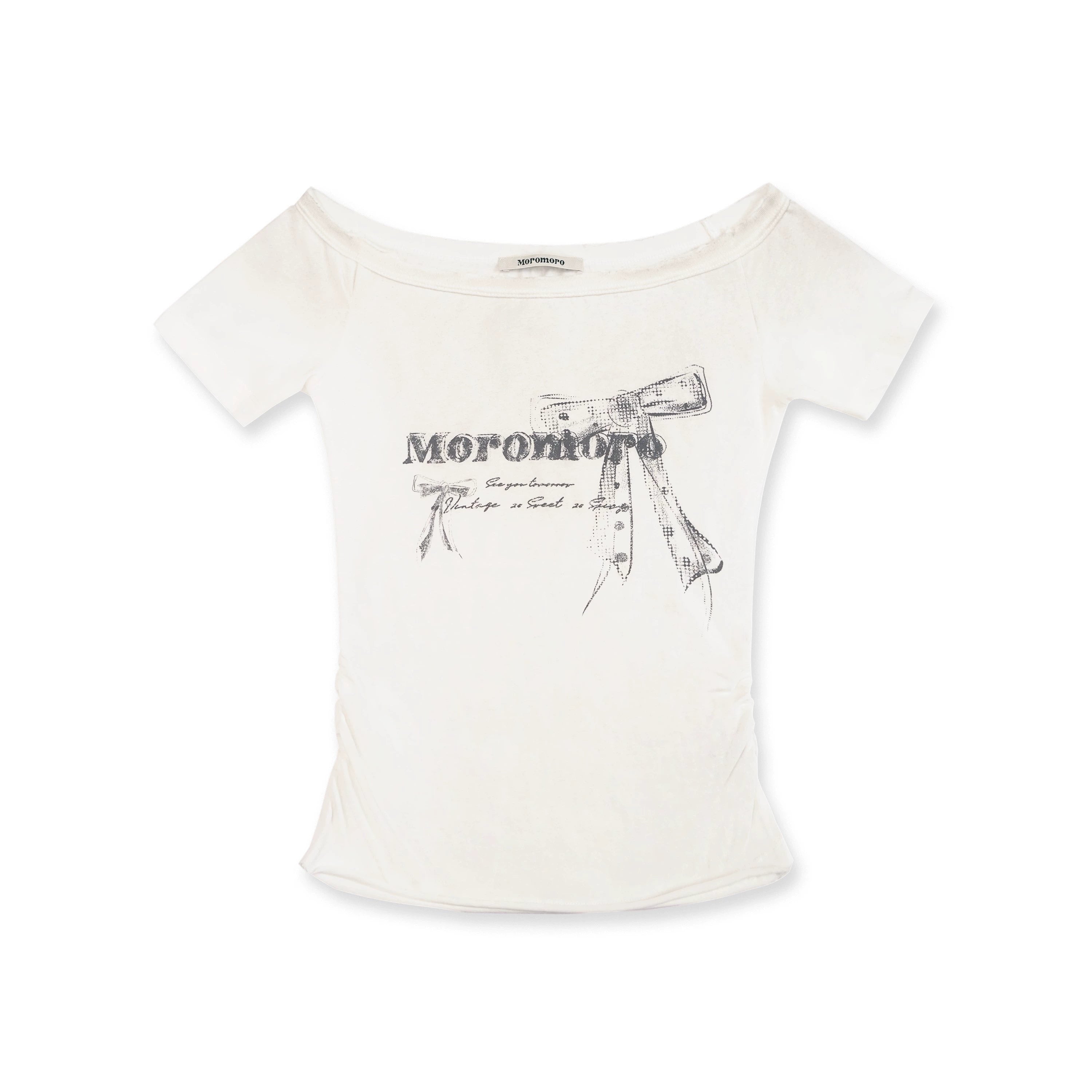 Moromoro Vintage Bow Print Off-Shoulder T-Shirt