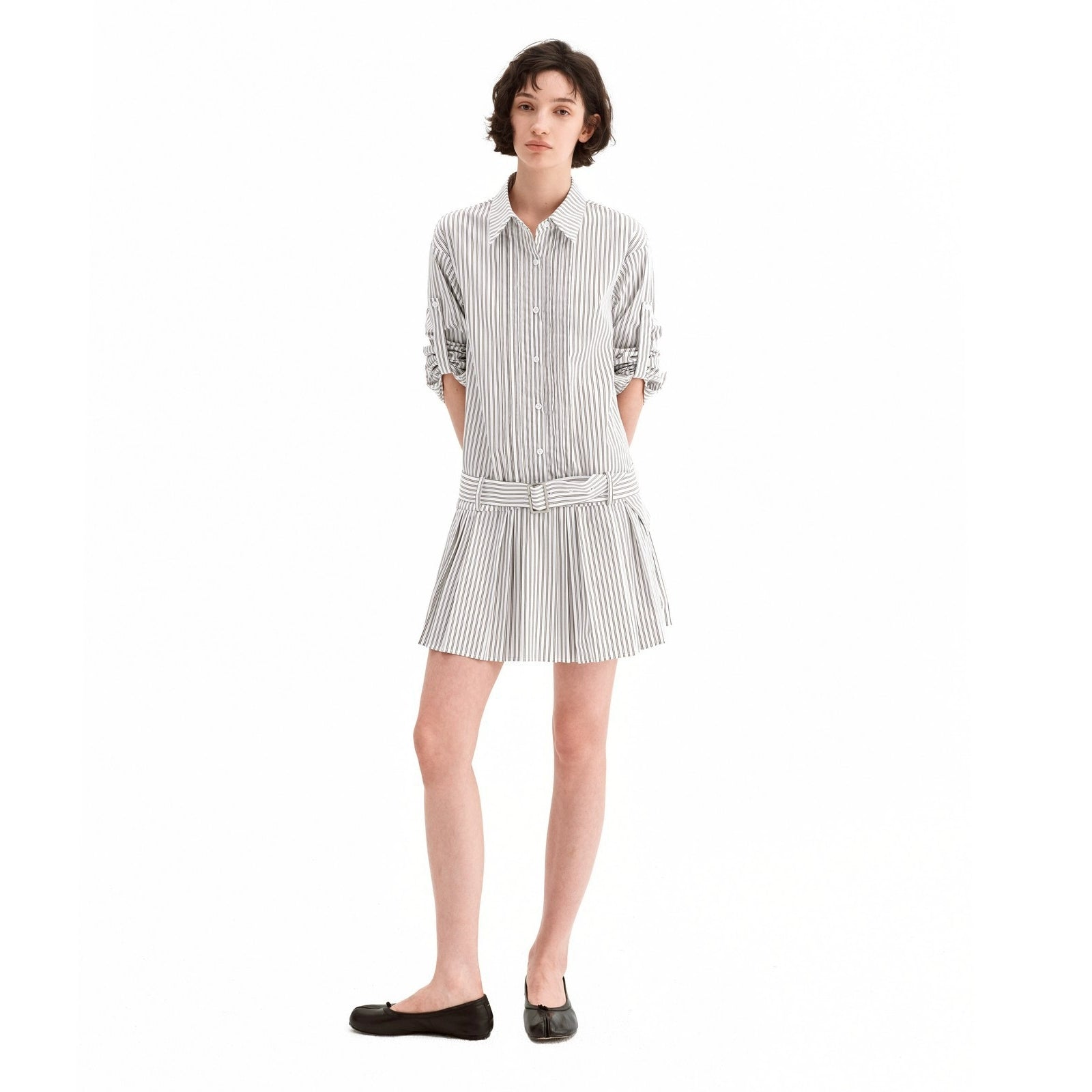 Puki Puki Retro Belted White Shirt Dress with Pleats