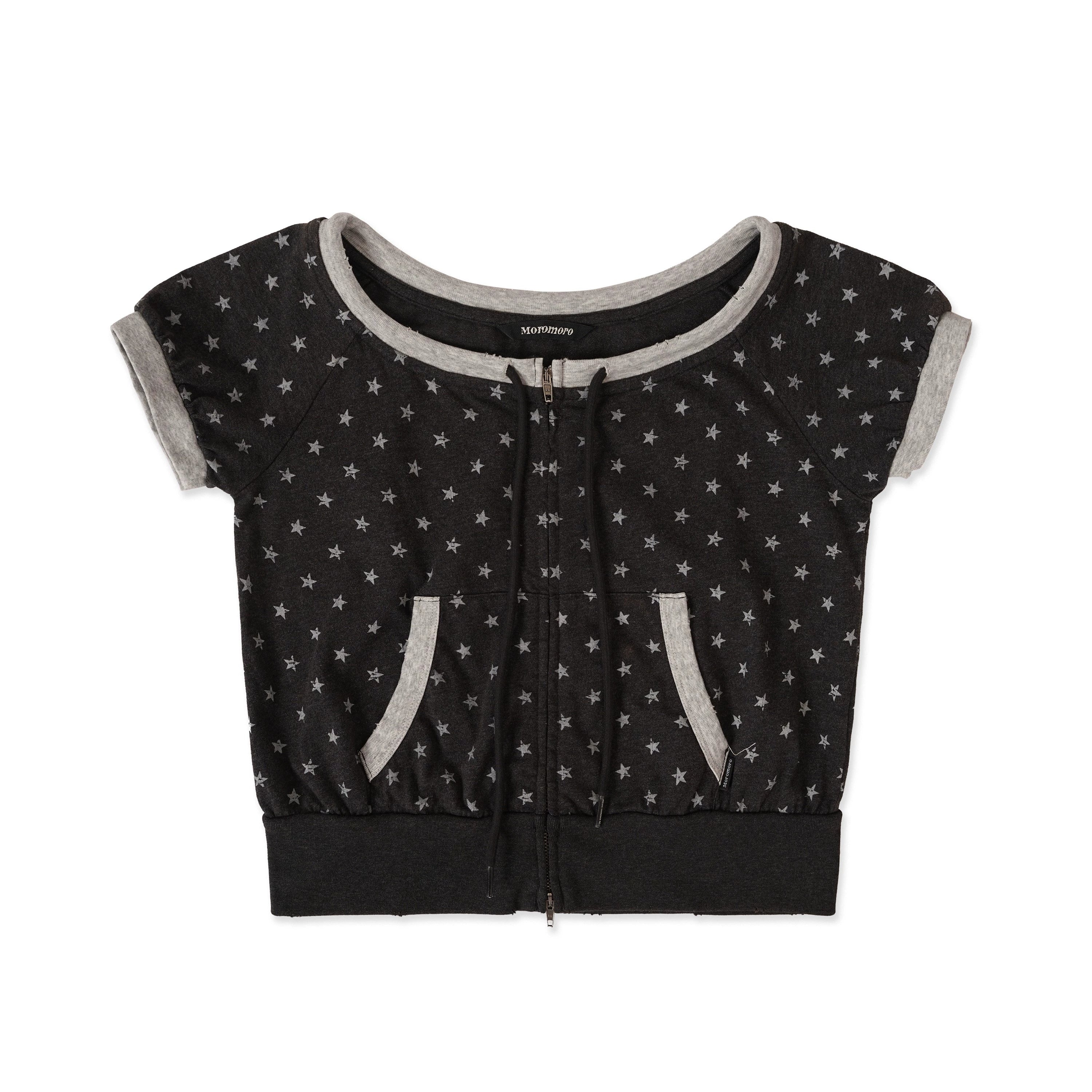 MoroMoro Retro Star Pattern Zip-Up Short Sleeve Top