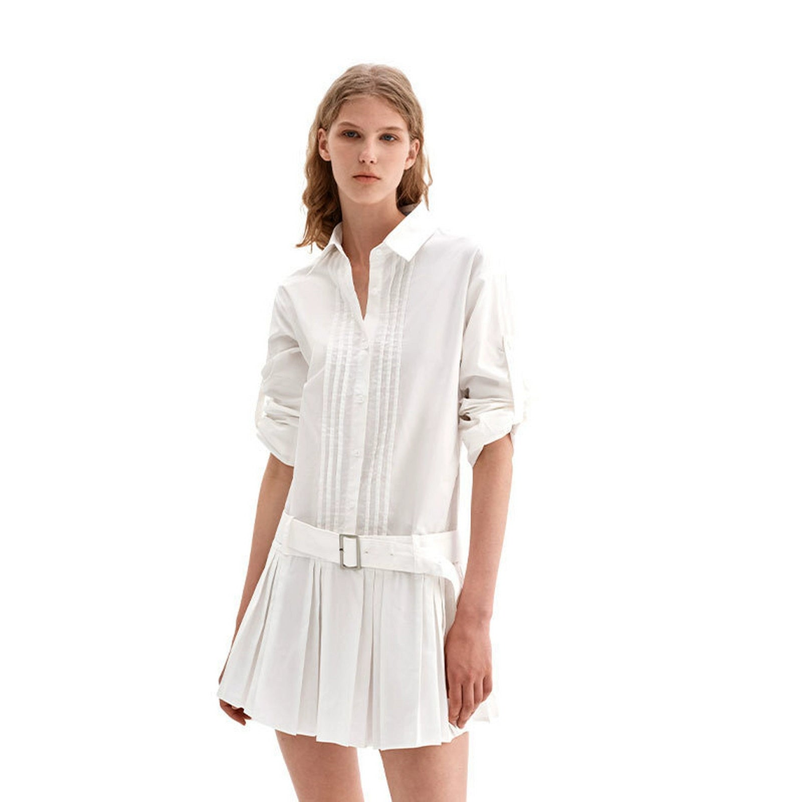 Puki Puki Retro Belted White Shirt Dress with Pleats