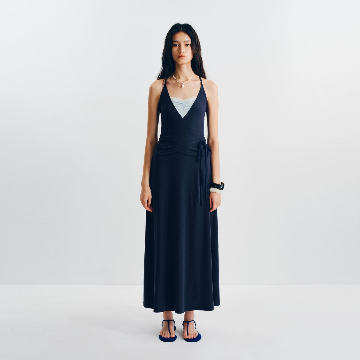 Puki Puki Slim Straps V-Neck Maxi Dress with Jacquard Detail