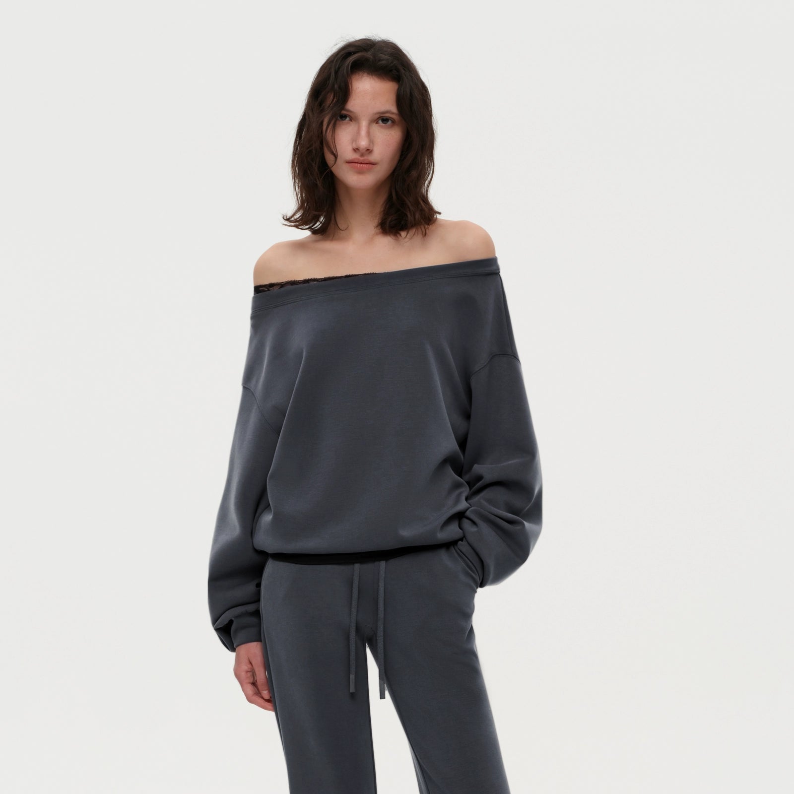 Puki Puki Off-Shoulder Lace Trim Sweatshirt and Pants Set