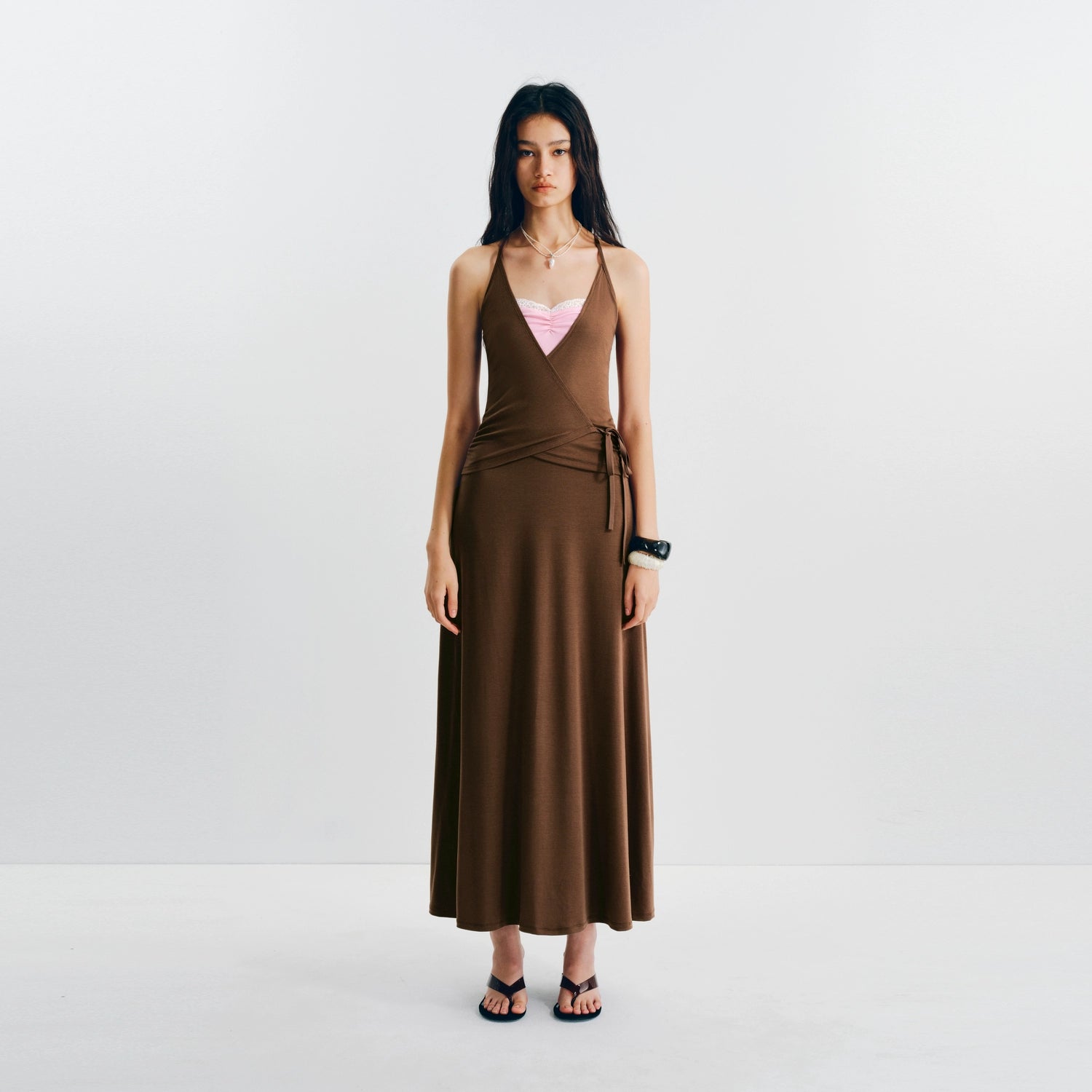 Puki Puki Slim Straps V-Neck Maxi Dress with Jacquard Detail