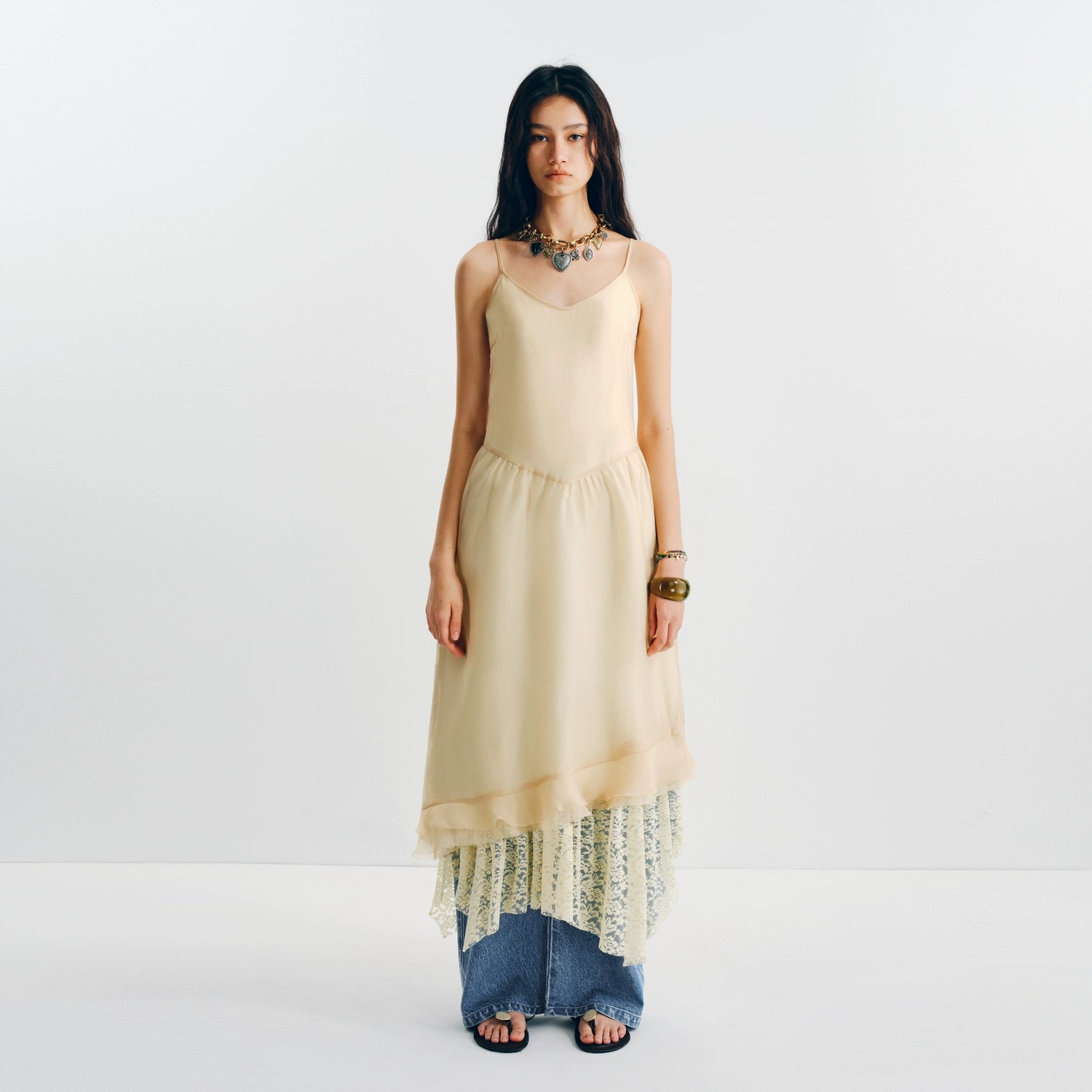 Puki Puki Stylish Tencel Lace Halter Dress in Yellow