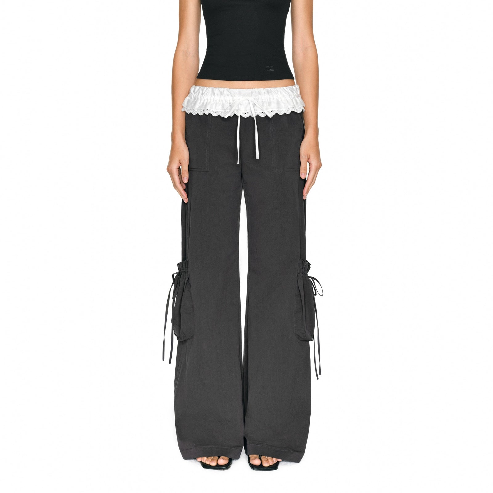 Puki Puki Colorblocked Drawstring Multi-Pocket Pants in Dark Gray