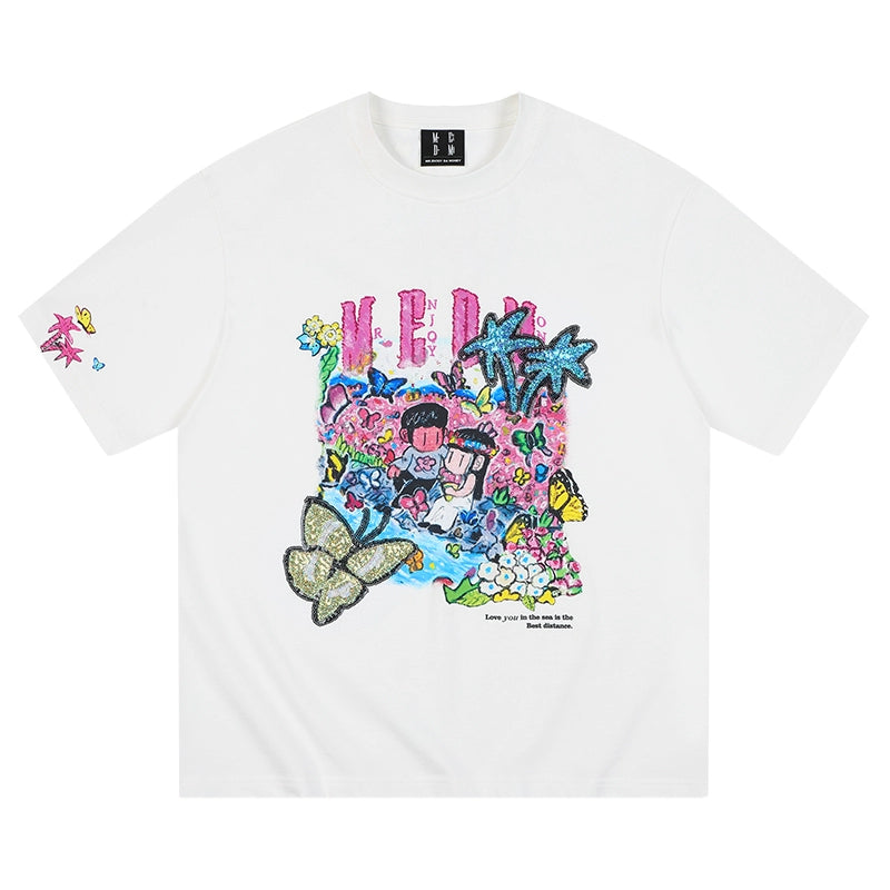 MEDM x NEWMASUS Butterfly Garden Graphic T-Shirt for Summer