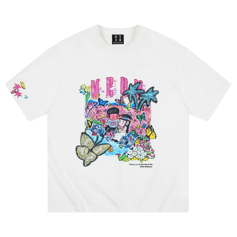 MEDM x NEWMASUS Butterfly Garden Graphic T-Shirt for Summer