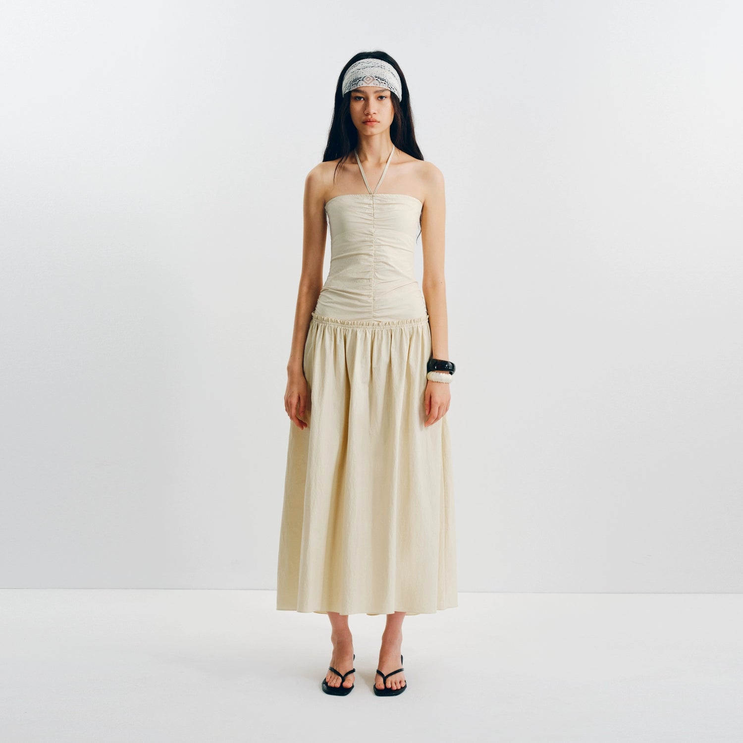 Puki Puki Pleated Waist Midi Dress in Beige