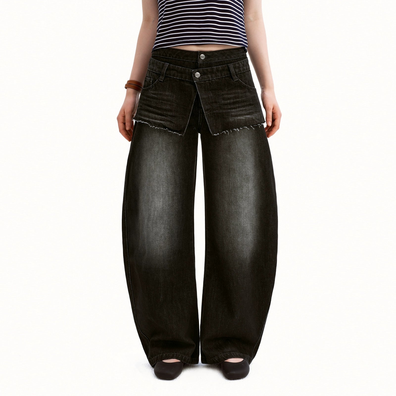 Puki Puki Casual Double Waist Loose Denim Pants