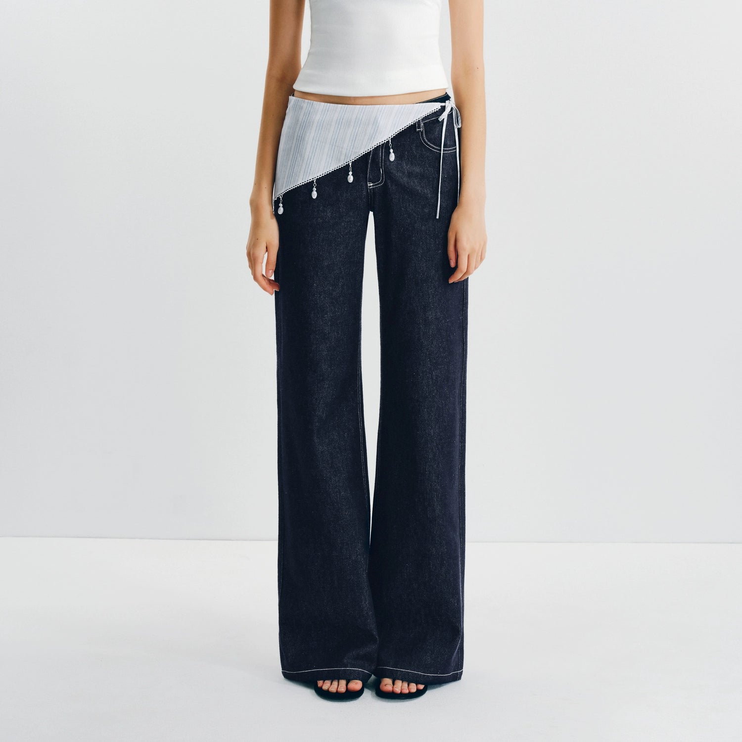 Puki Puki Striped Beaded Square Scarf & Low Rise Jeans