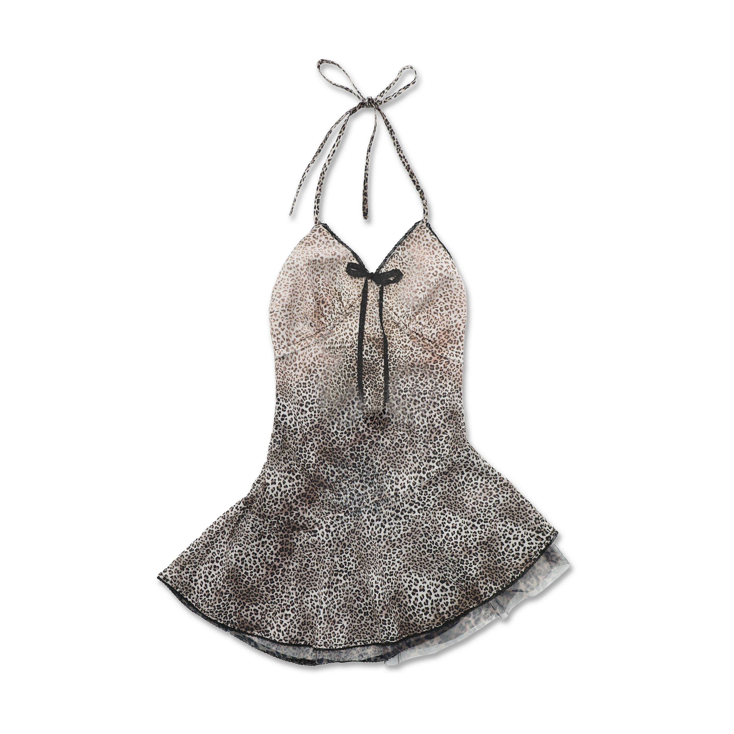Moromoro Leopard Print Mesh Layered Halter Dress