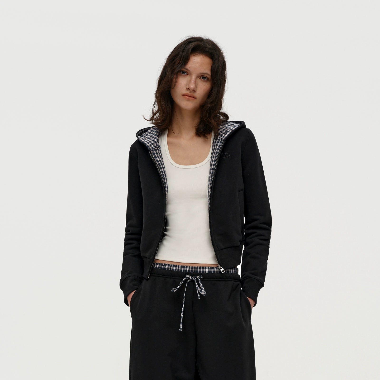 Puki Puki Stylish Checkered Patchwork Hoodie and Pants Set