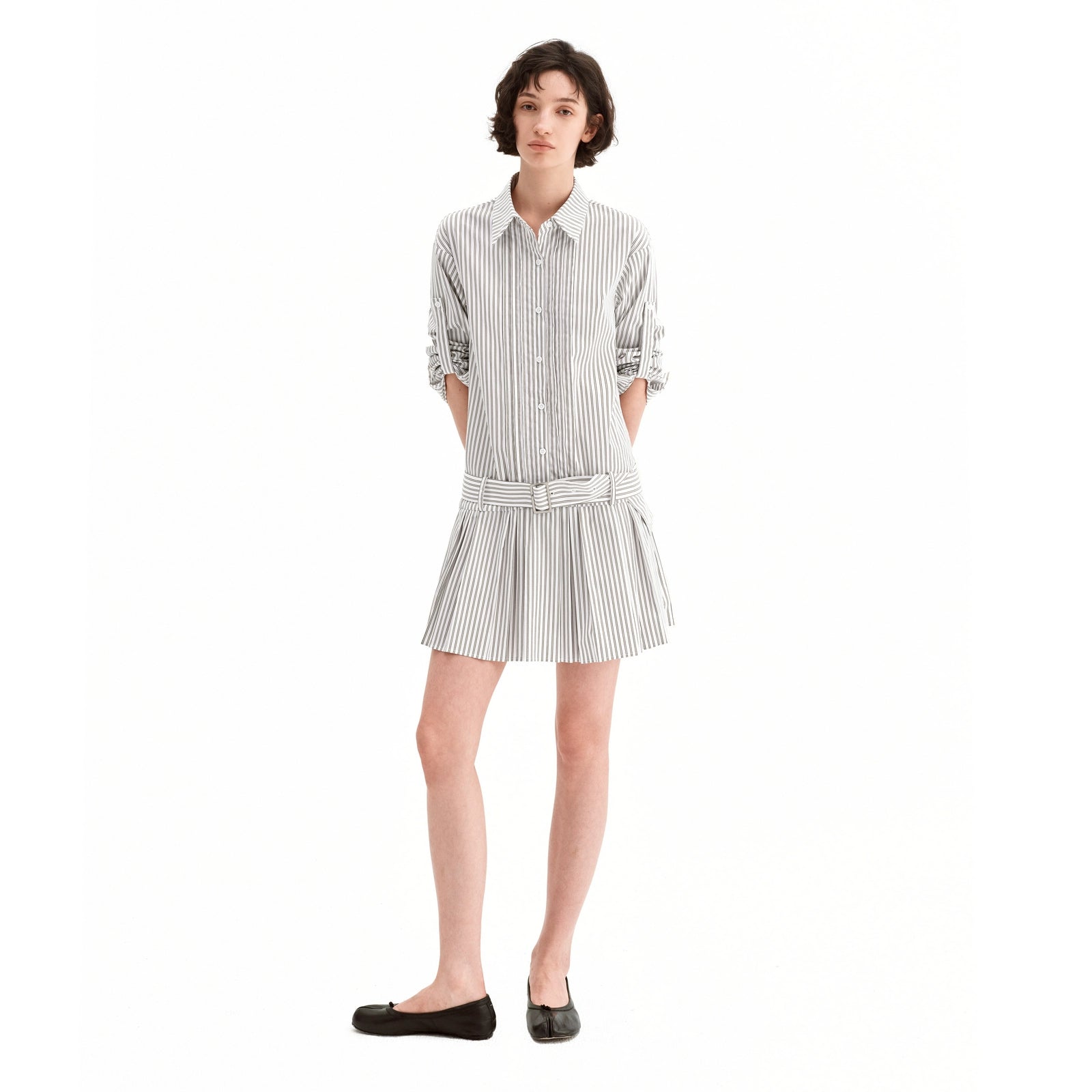 Puki Puki Striped Pleated Shirt Dress with Belt