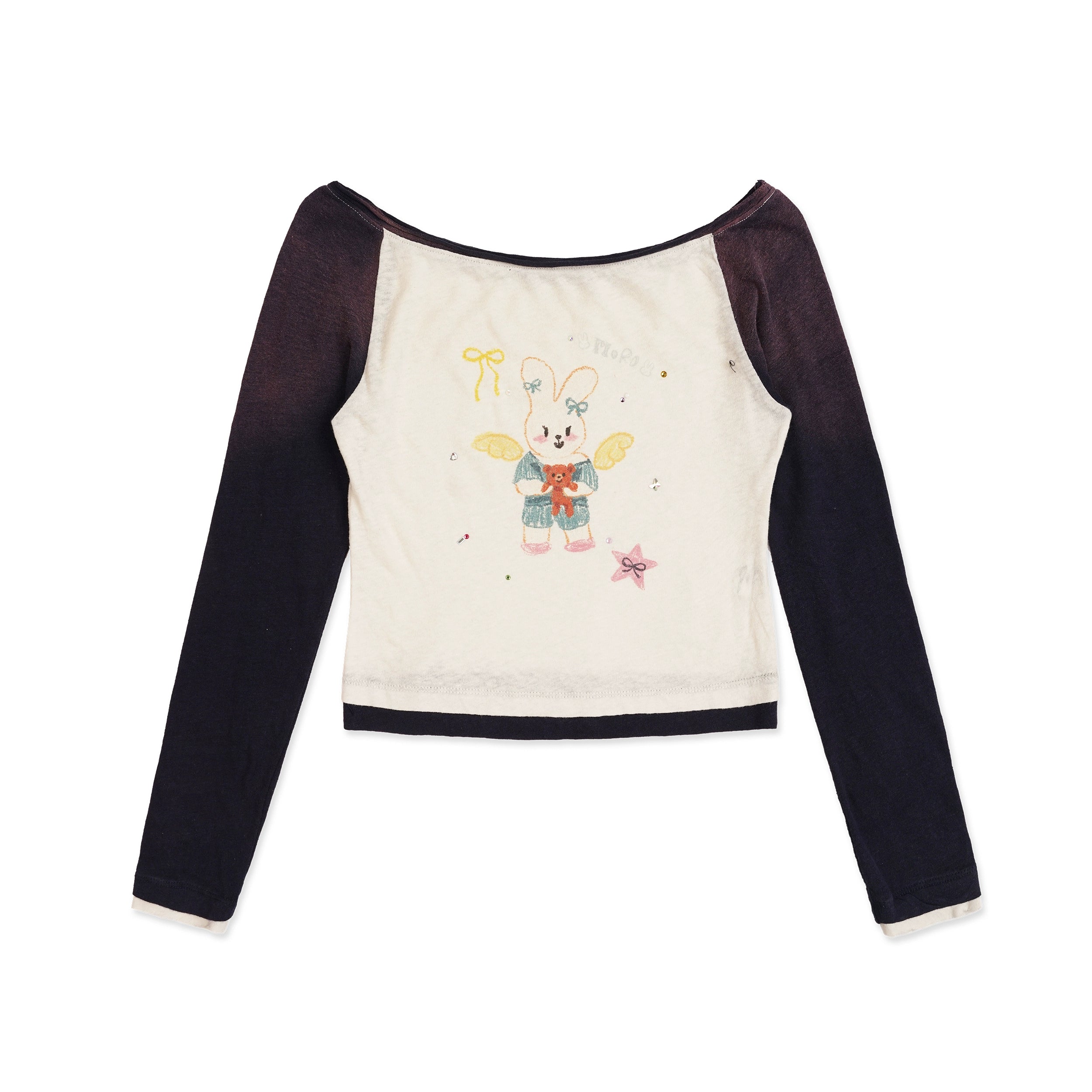 MoroMoro Hand-Painted Rabbit Print T-Shirt with Rhinestones