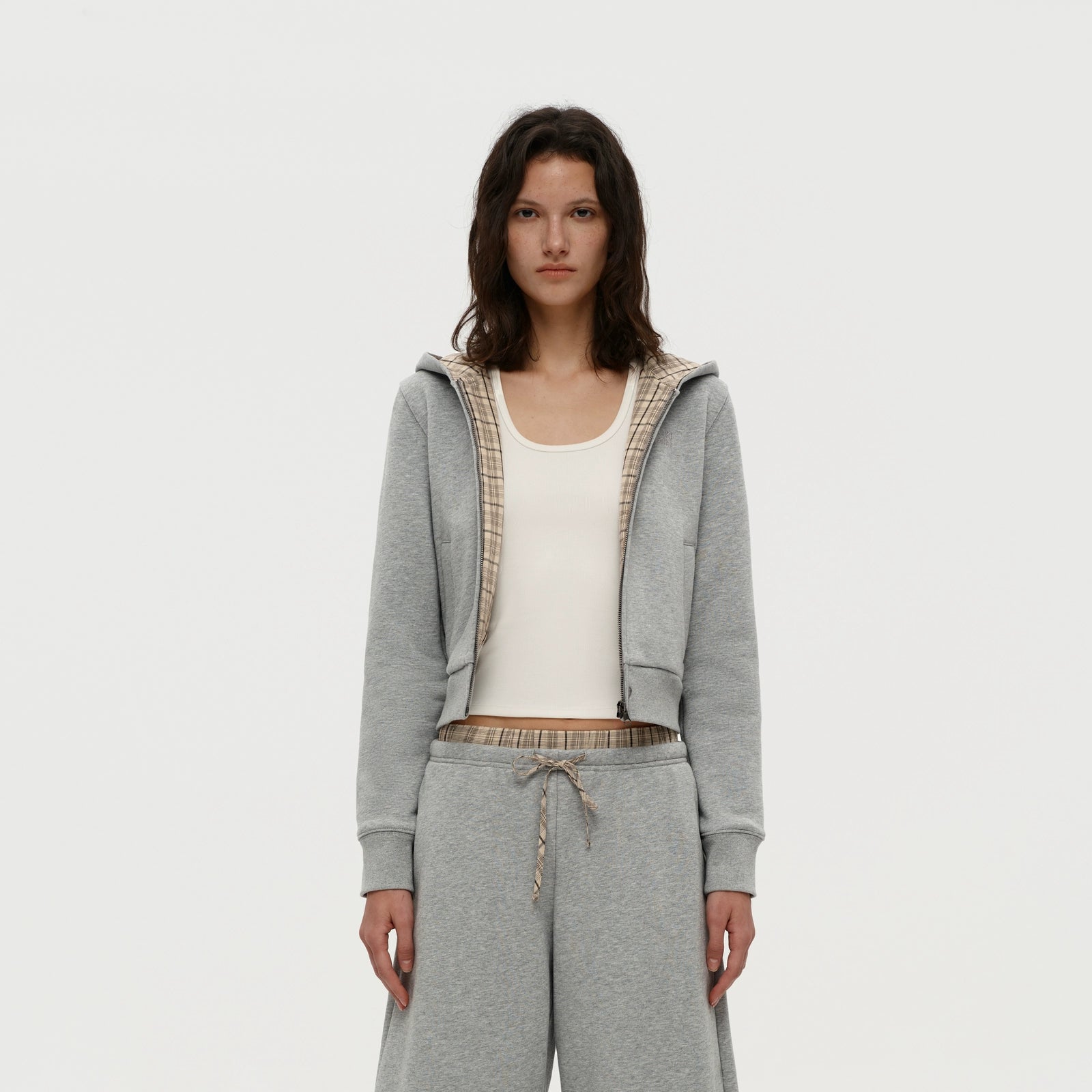 Puki Puki Stylish Checkered Patchwork Hoodie and Pants Set