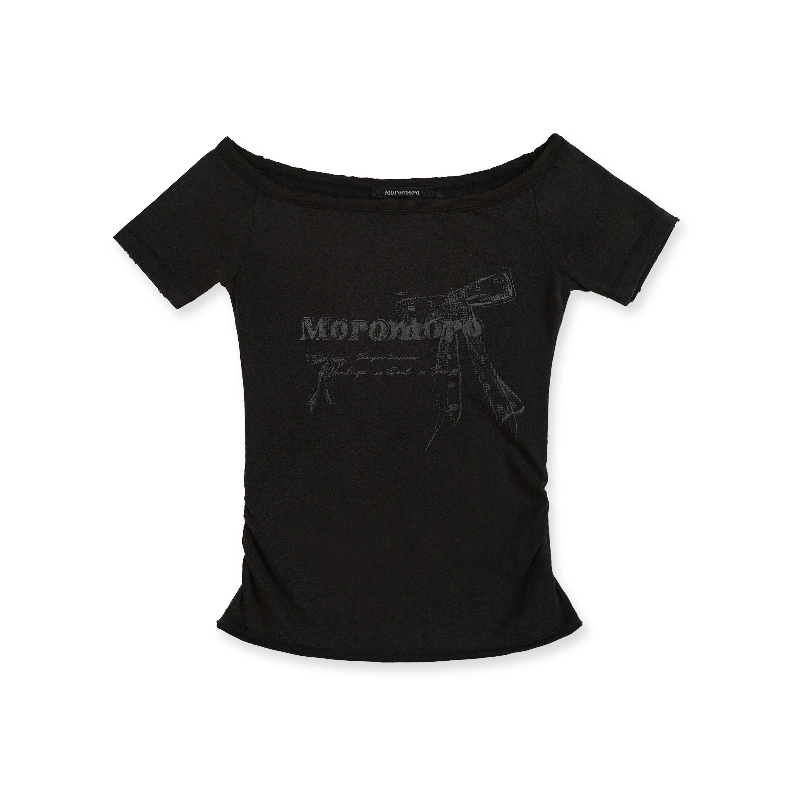 Moromoro Vintage Bow Print Off-Shoulder T-Shirt