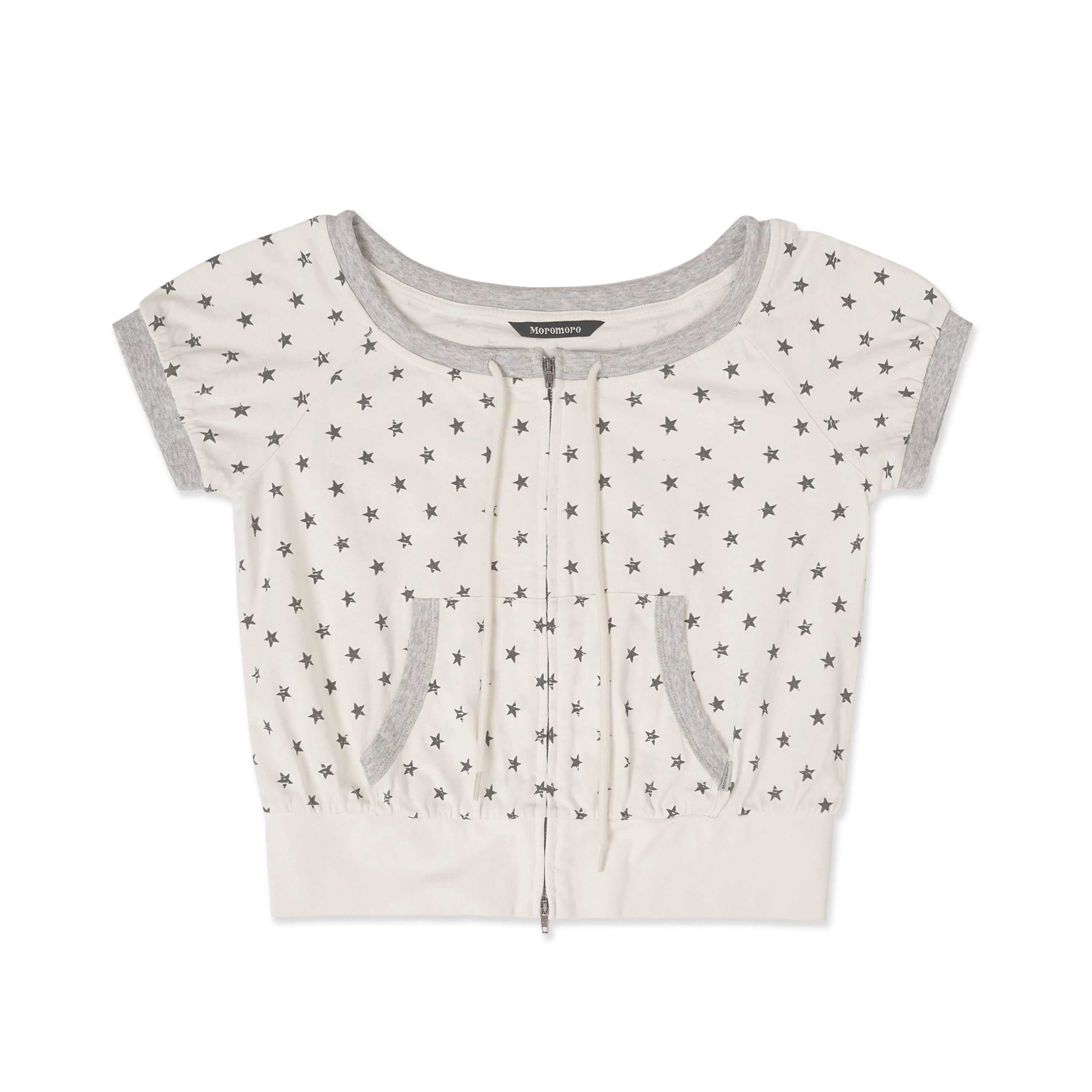 MoroMoro Retro Star Pattern Zip-Up Short Sleeve Top