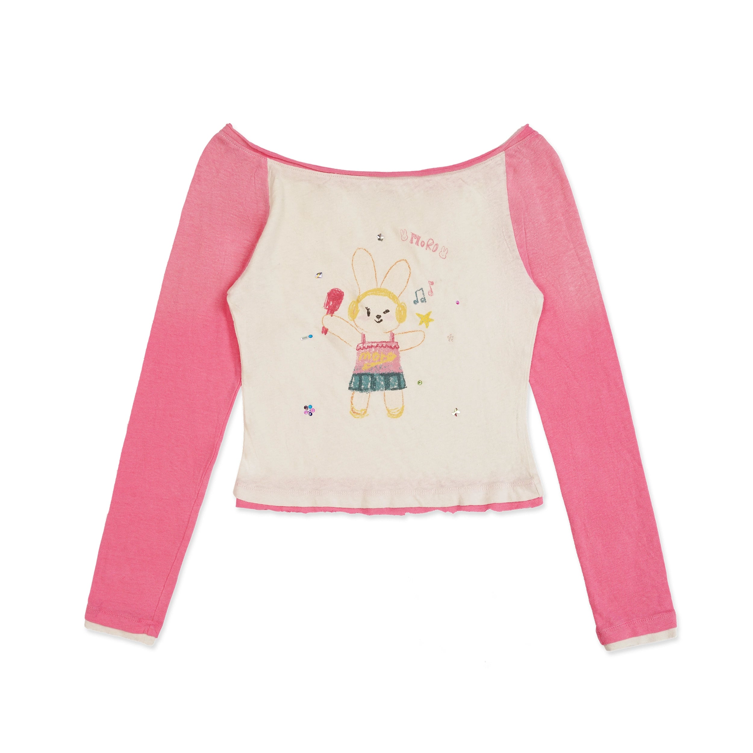 MoroMoro Hand-Painted Rabbit Print T-Shirt with Rhinestones