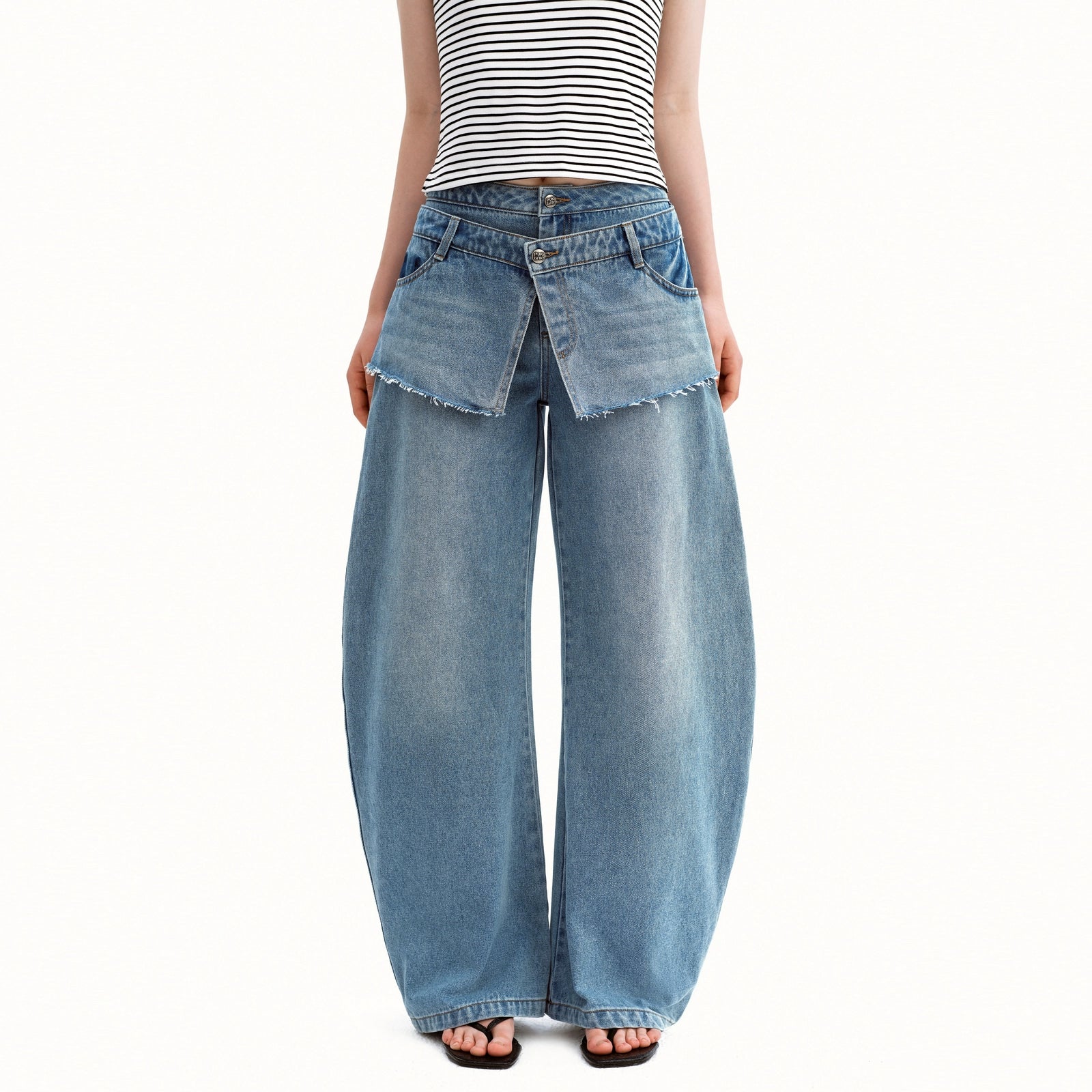 Puki Puki Classic Blue Double Waist Loose Jeans