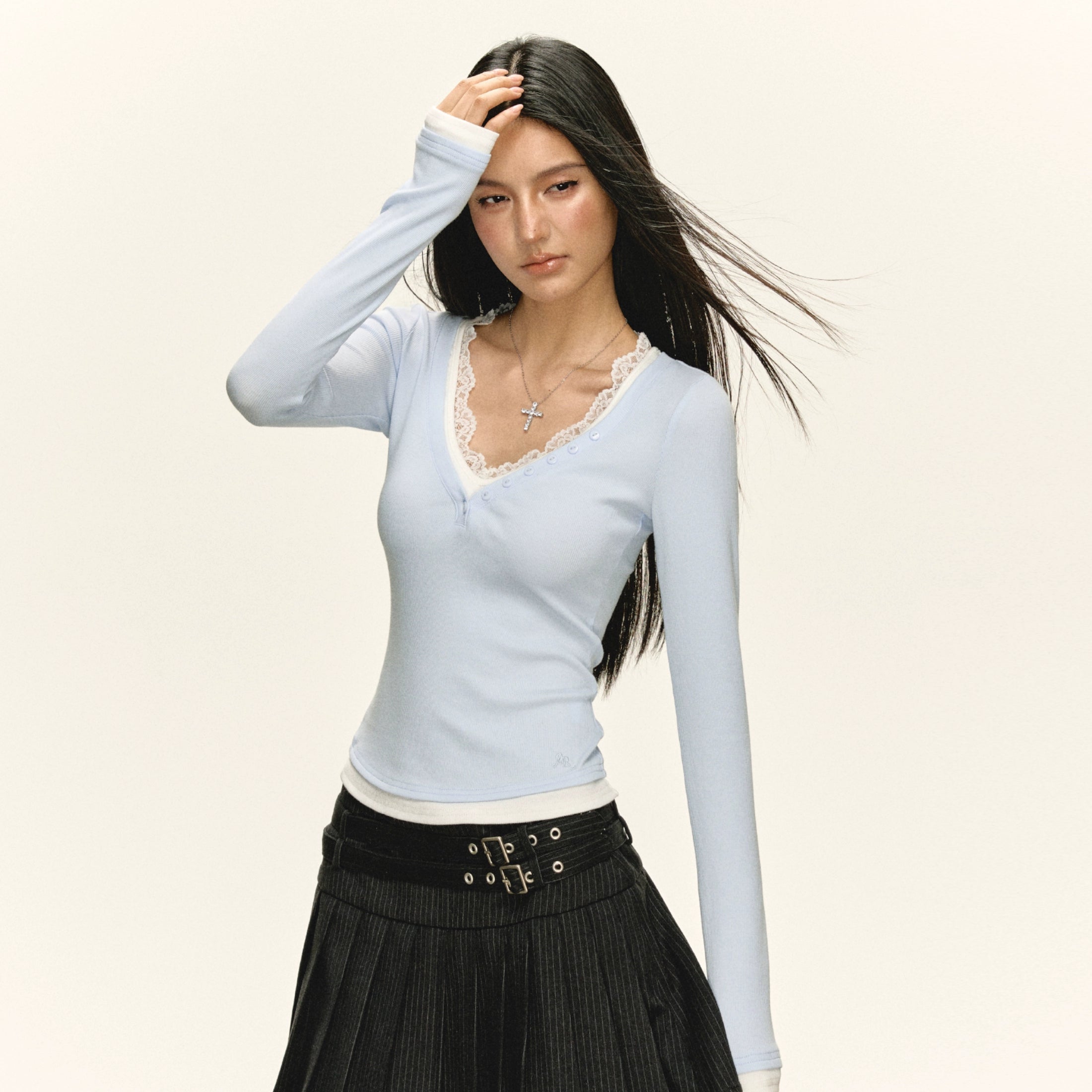 Ariseism Stylish Patchwork Lace Long Sleeve Tee