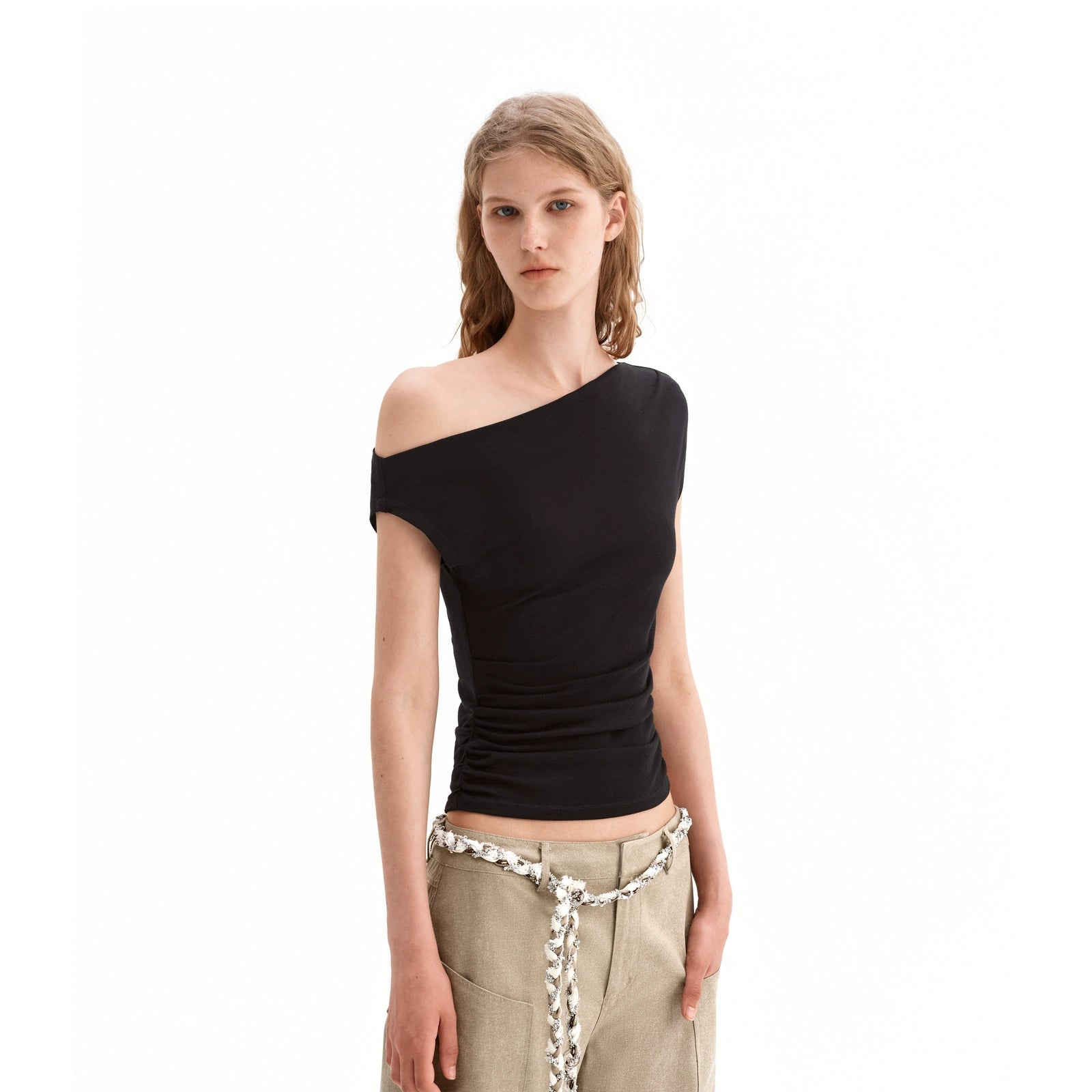 Puki Puki Casual Off-Shoulder Pleated T-Shirt