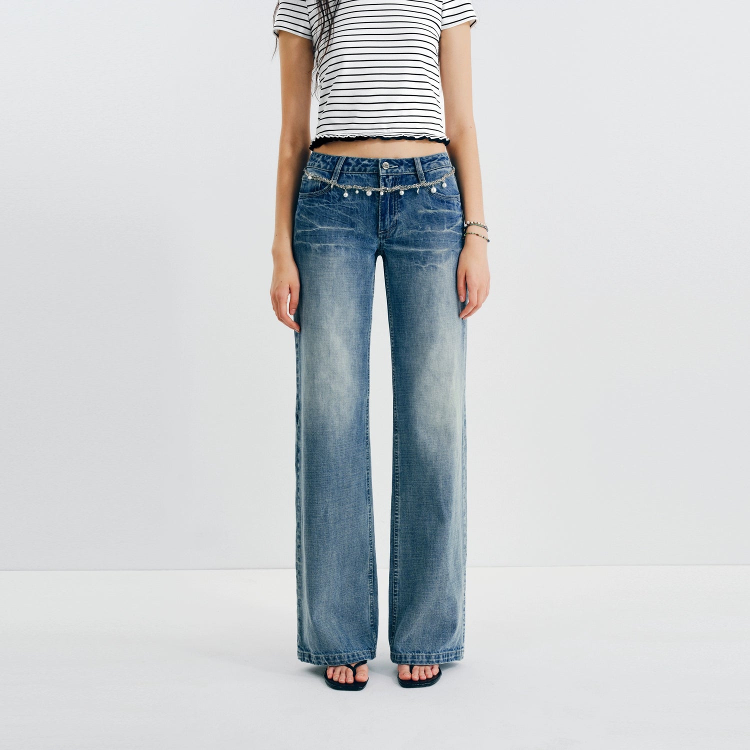 Puki Puki Original Light Blue Wide Leg Jeans with Pearl Chain