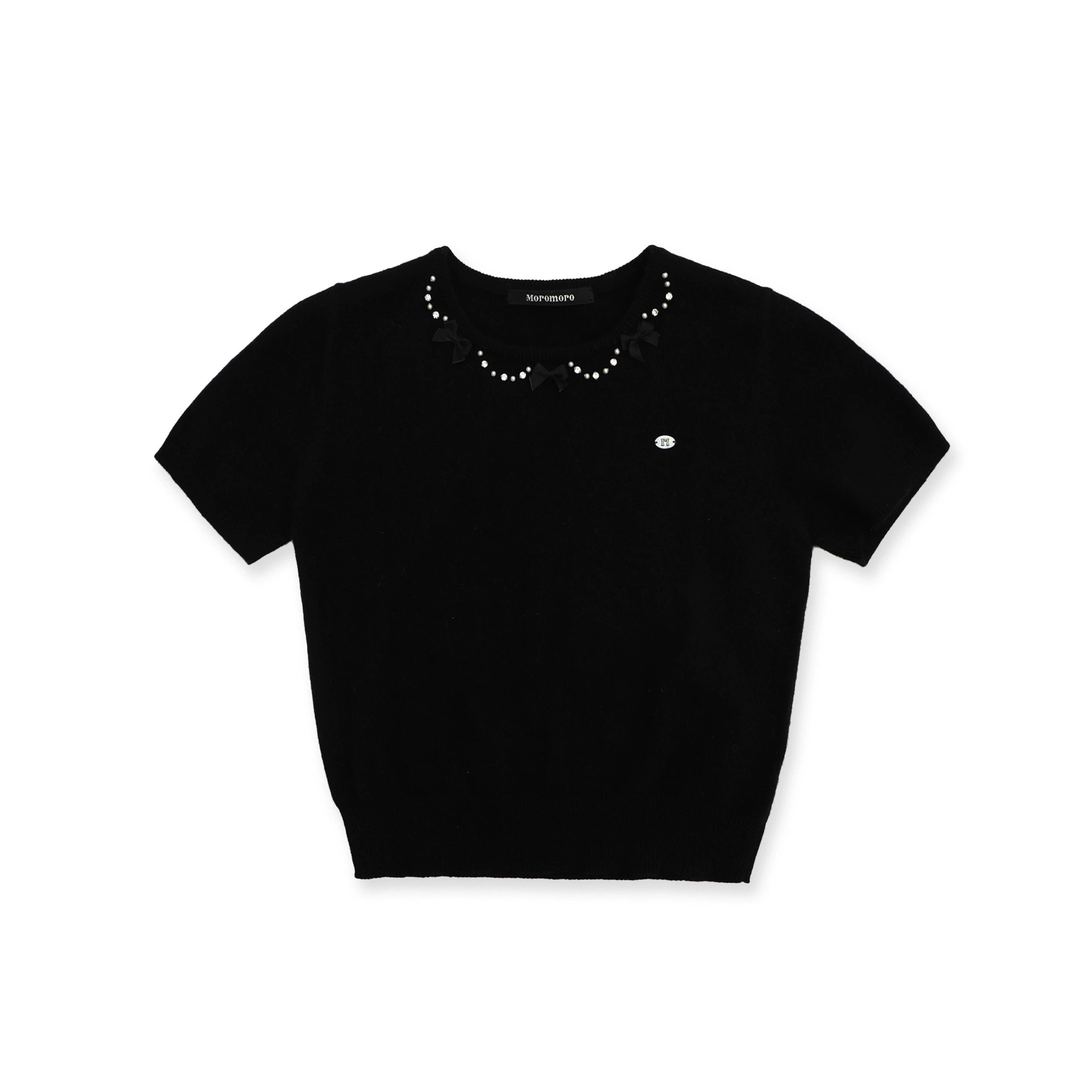 MoroMoro Elegant Short-Sleeved Sweater with Pearl and Ribbon Detail