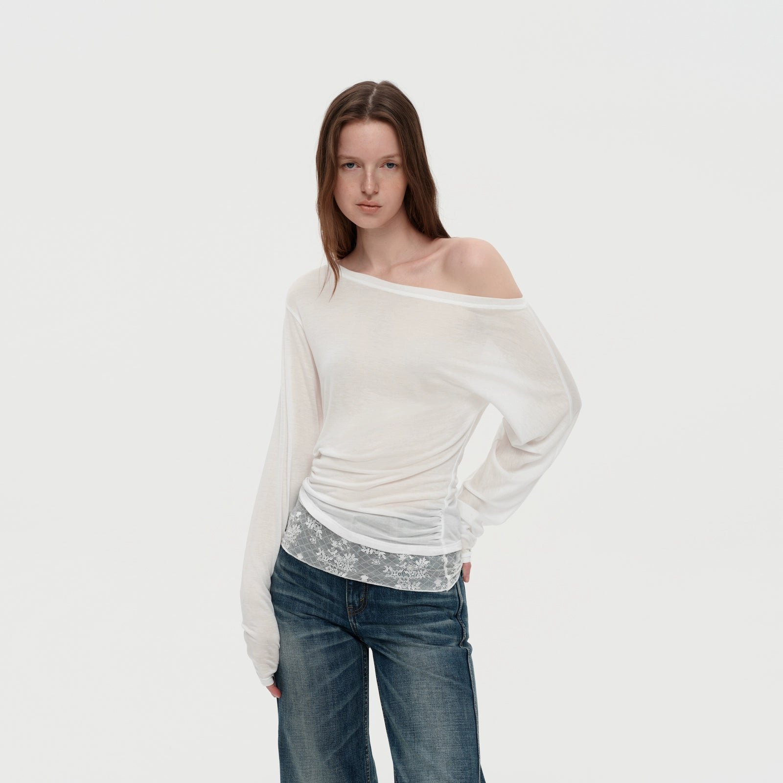 Puki Puki Off-Shoulder Lace-Trimmed Long Sleeve Top