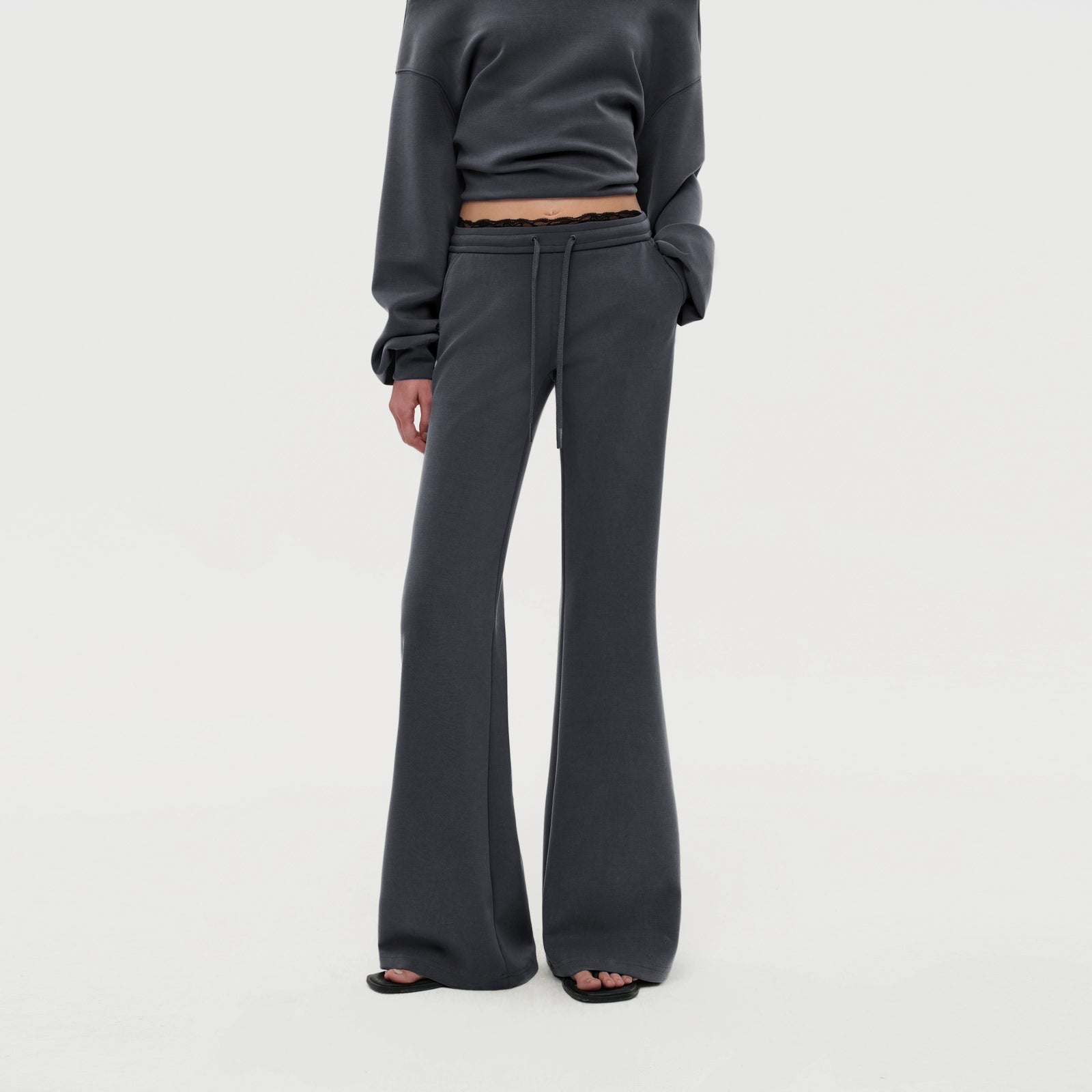 Puki Puki Off-Shoulder Lace Trim Sweatshirt and Pants Set