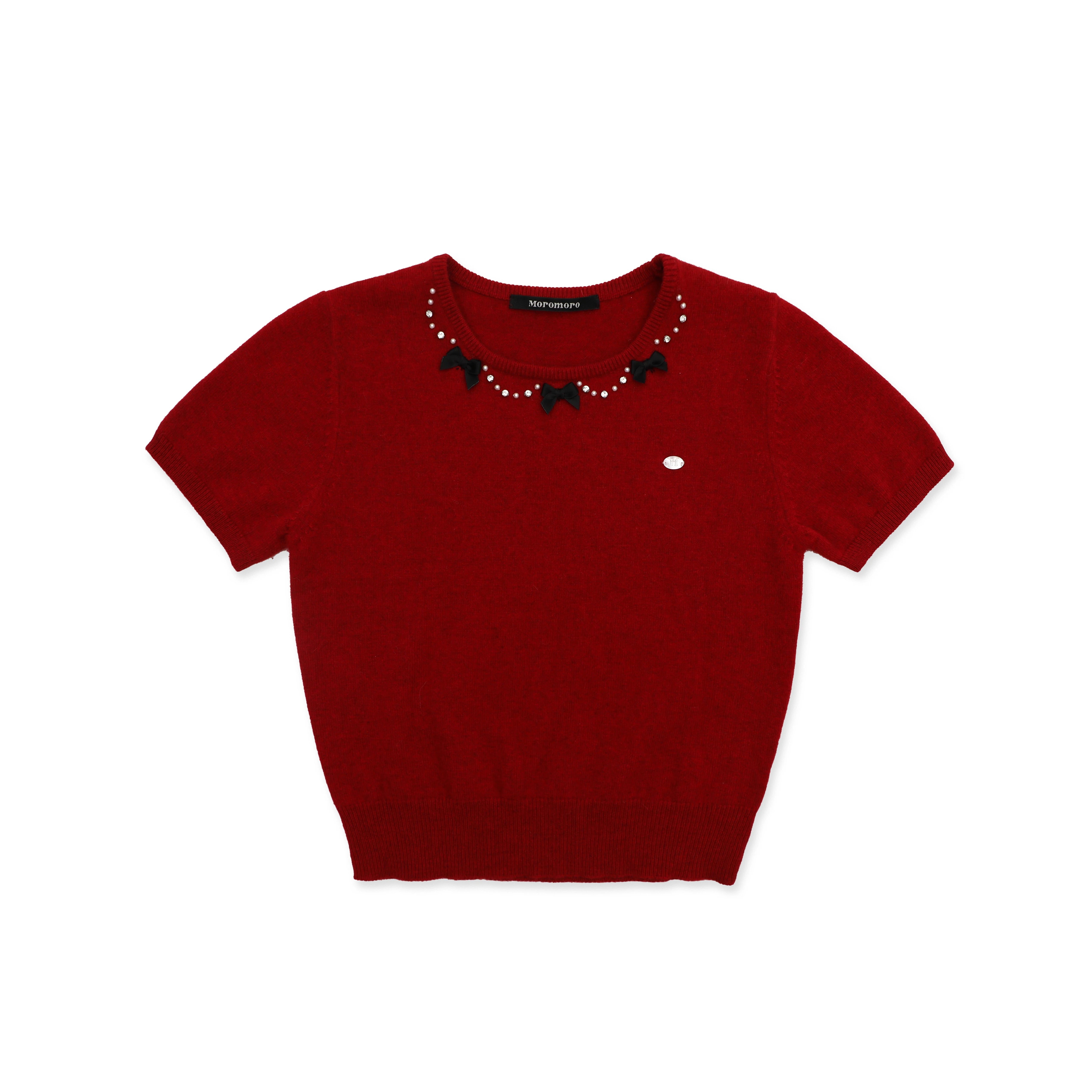 MoroMoro Elegant Short-Sleeved Sweater with Pearl and Ribbon Detail