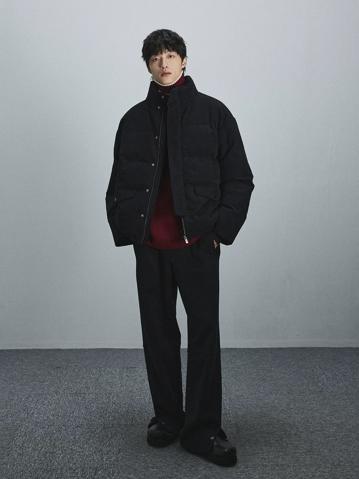 NANS Corduroy Down Puffer Jacket in Black - On Model