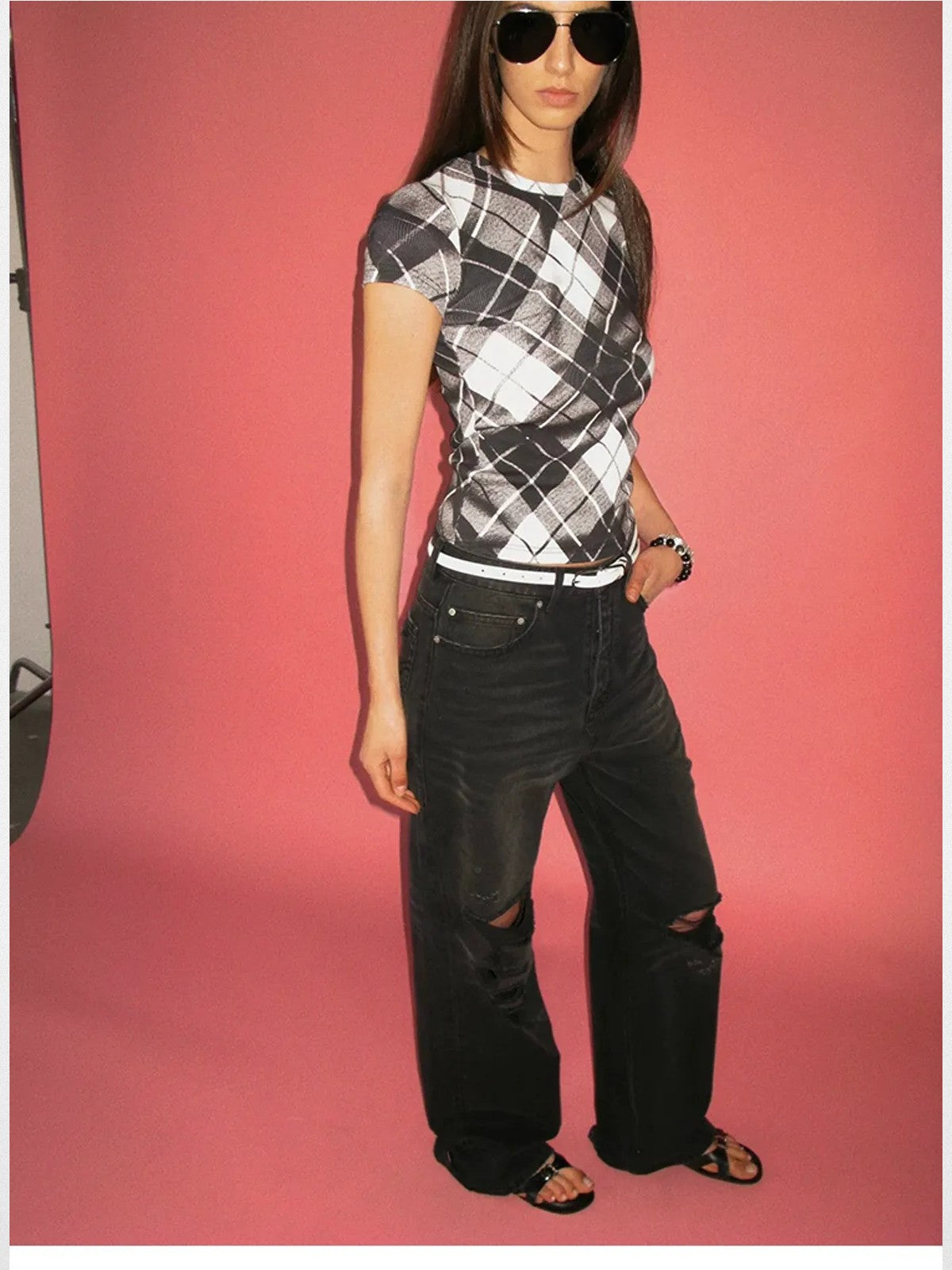 ACSENSE STUDIO Heavy Wash Distressed Straight Jeans in Black - On Model