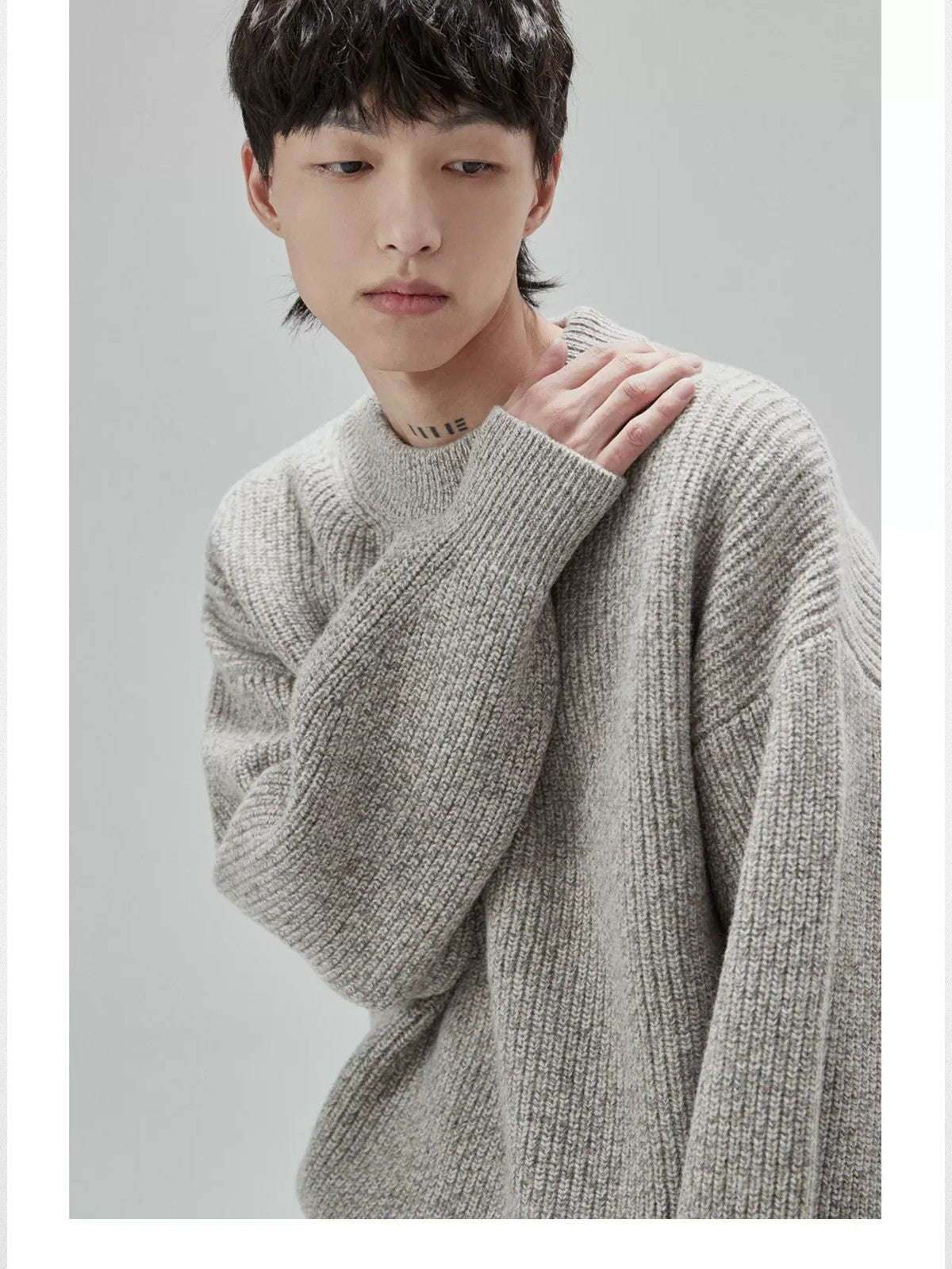 NANS Heavyweight Oversized Merino Crewneck in Beige - On Model