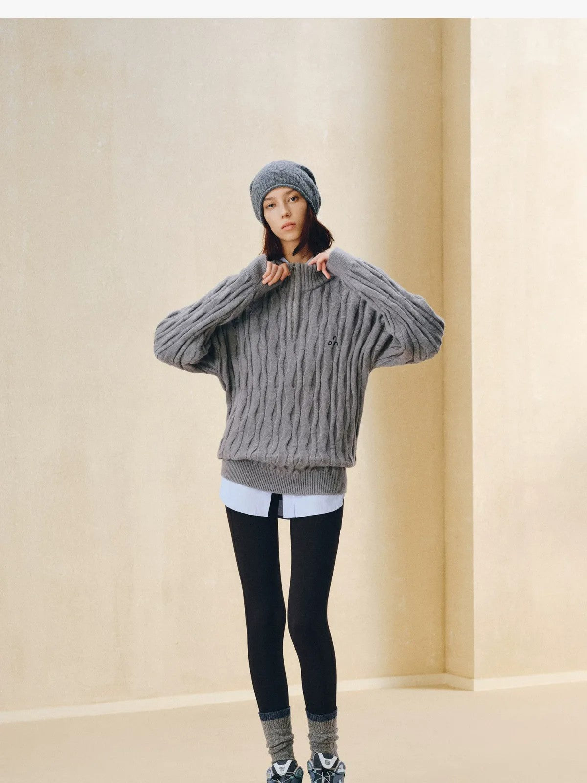 FPA Half Zip Cable Knit Pullover in Gray - Lifestyle