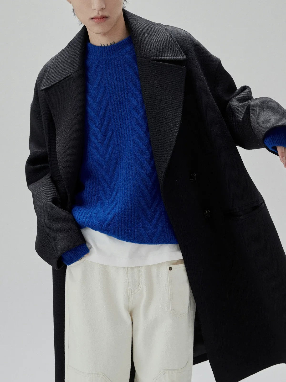 NANS Yak Wool Blend Cable Knit Sweater in Blue - On Model