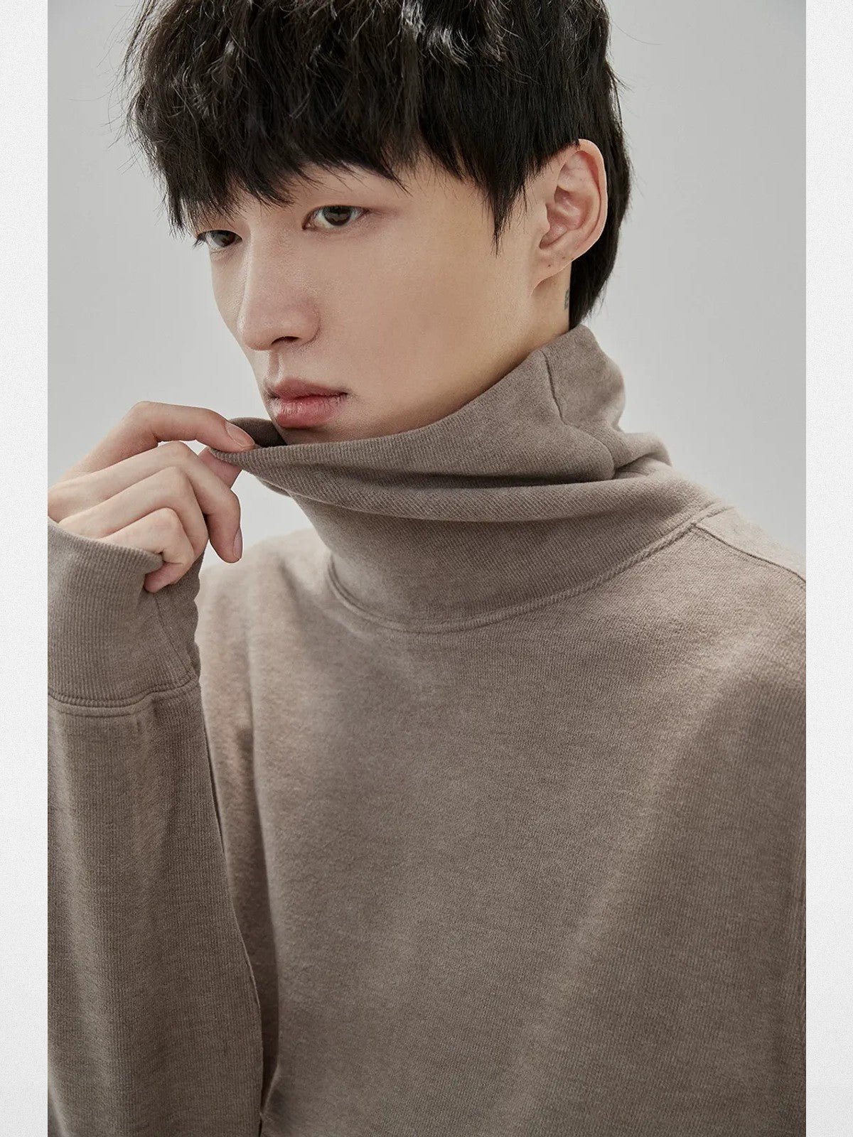 NANS Textured Slouchy Neck T Shirt in Beige - On Model