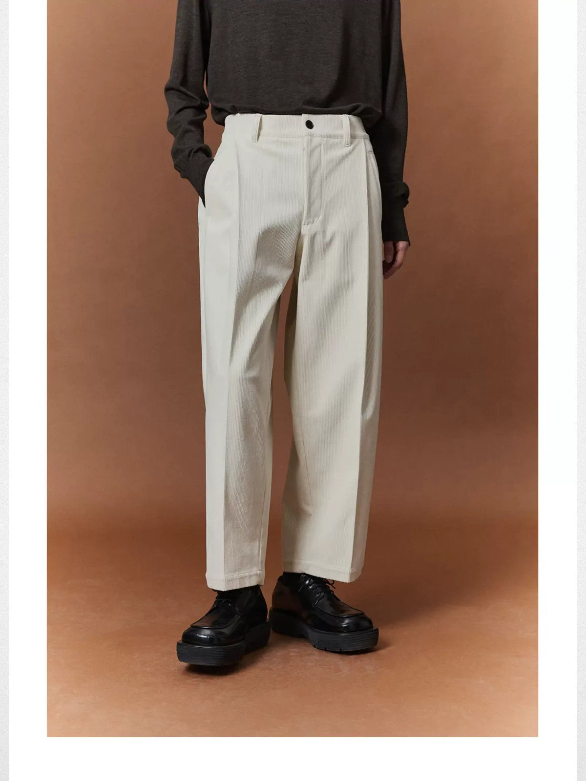NANS Pleated Corduroy Cropped Trousers in White - On Model