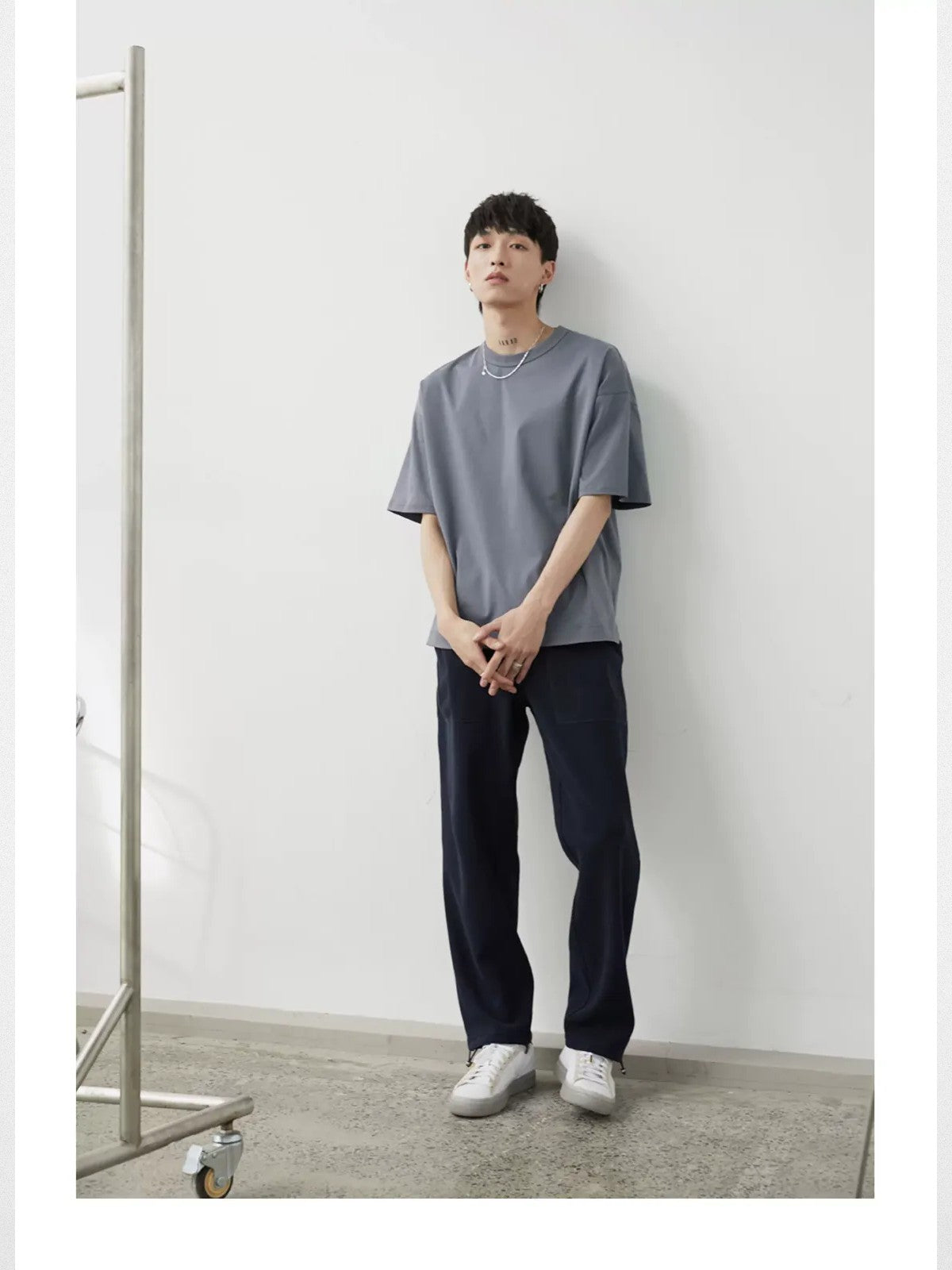 NANS Plush Textured Wide Leg Track Pants in Navy Blue - On Model