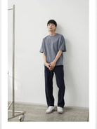 NANS Plush Textured Wide Leg Track Pants in Navy Blue - On Model