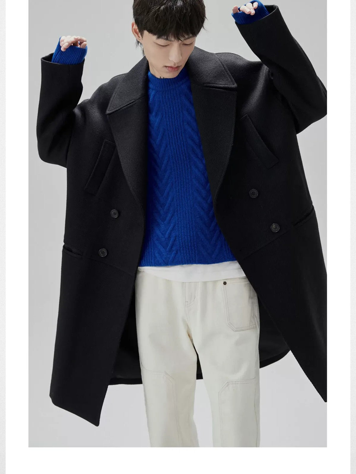 NANS Yak Wool Blend Cable Knit Sweater in Blue - On Model