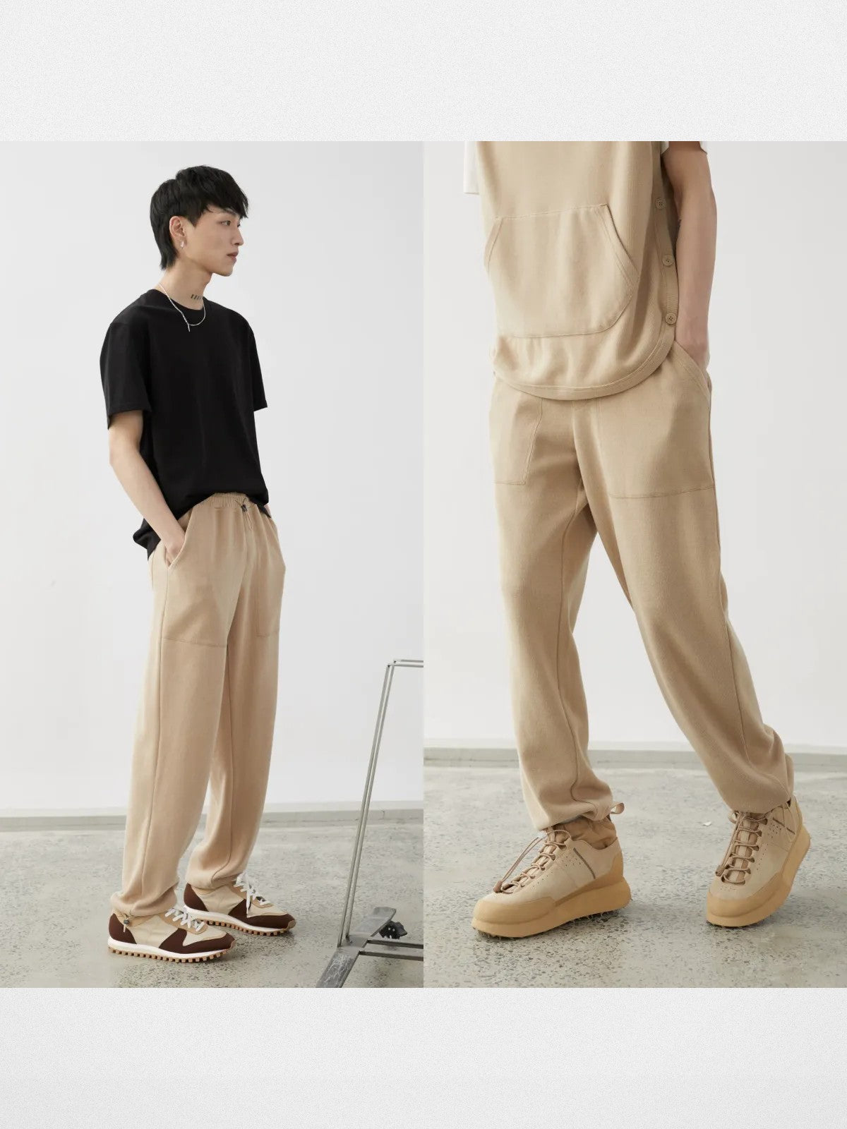 NANS Plush Textured Wide Leg Track Pants in Beige - On Model