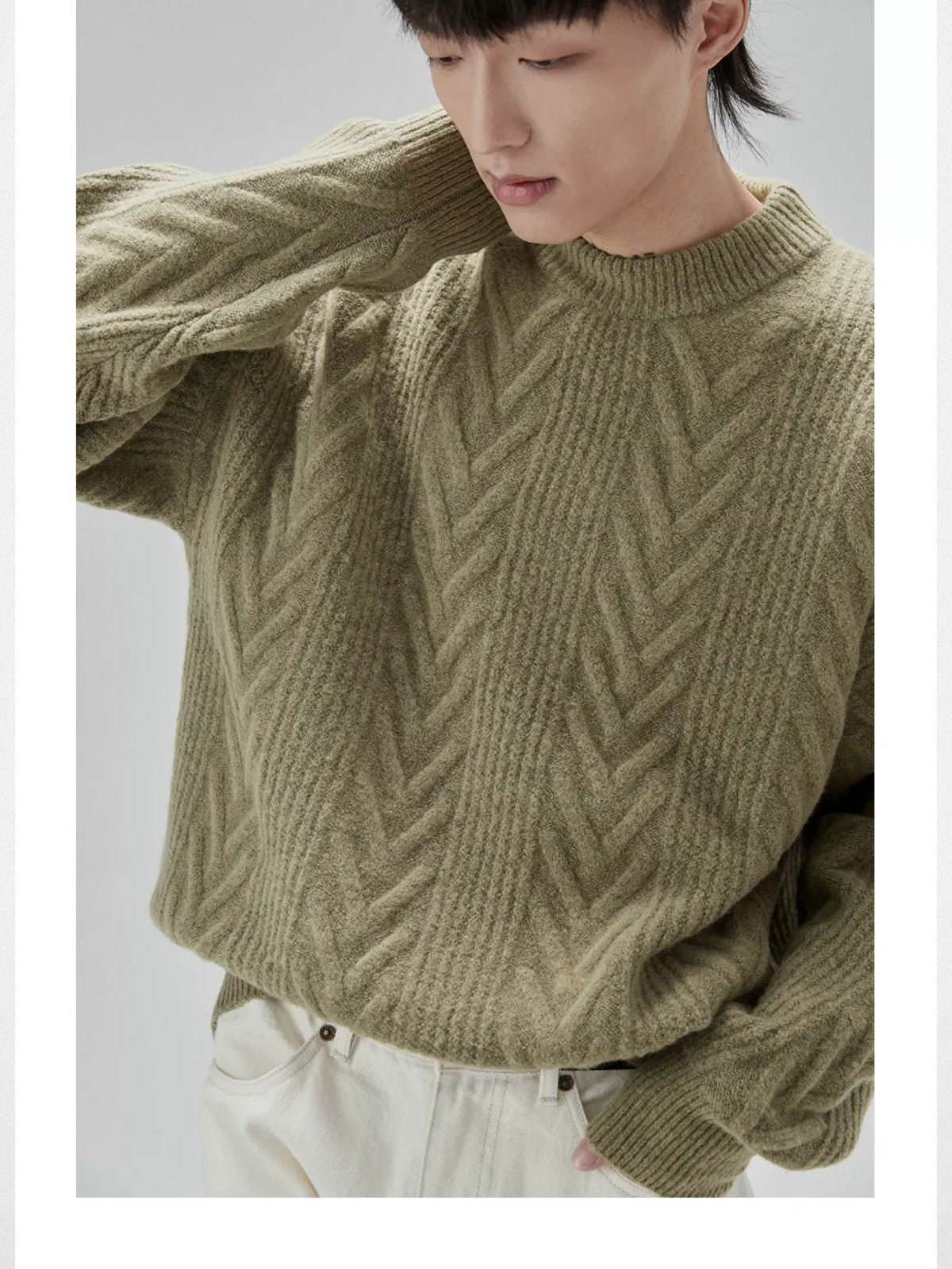 NANS Yak Wool Blend Cable Knit Sweater in Olive - On Model