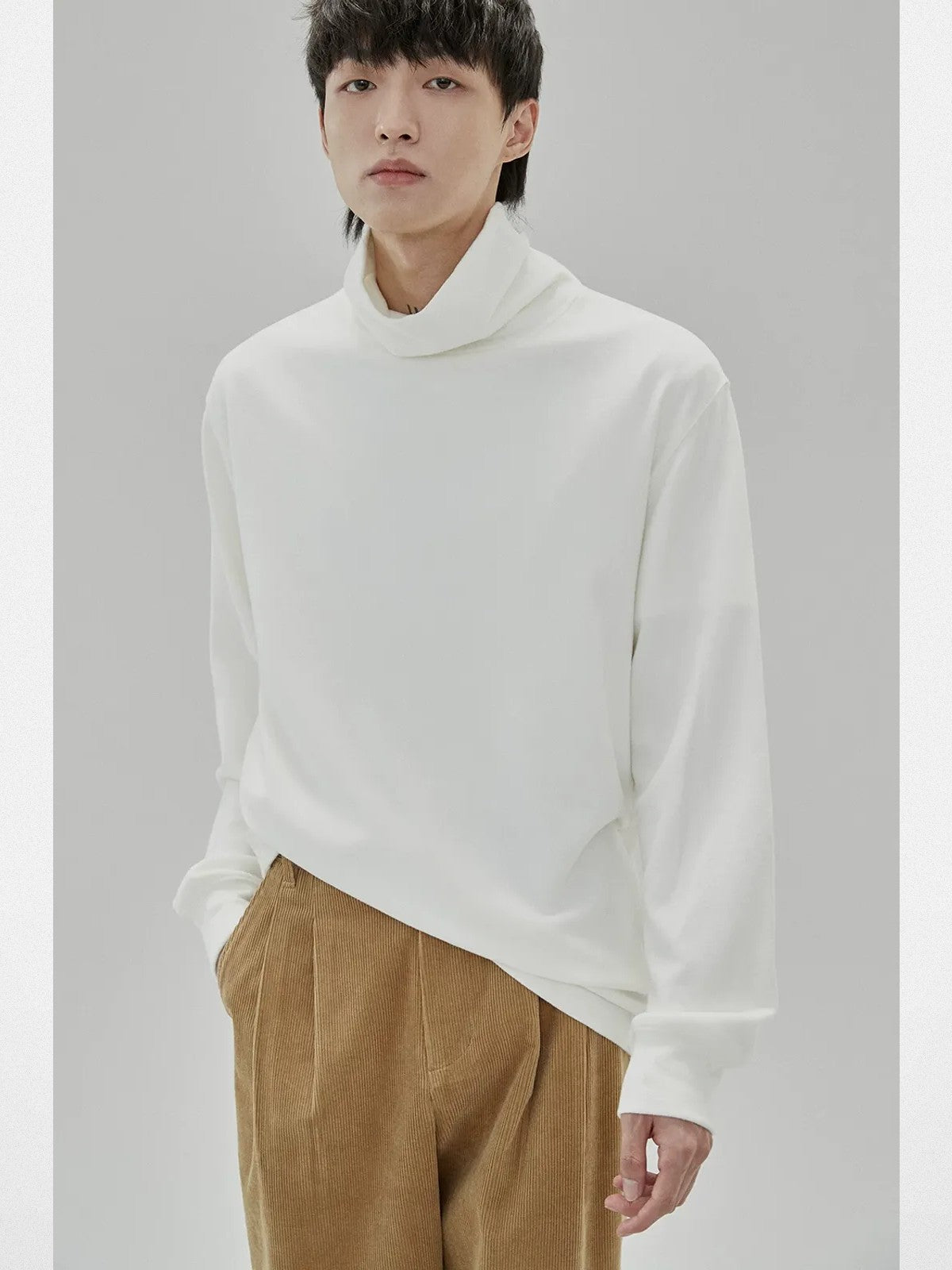 NANS Textured Slouchy Neck T Shirt in White - On Model