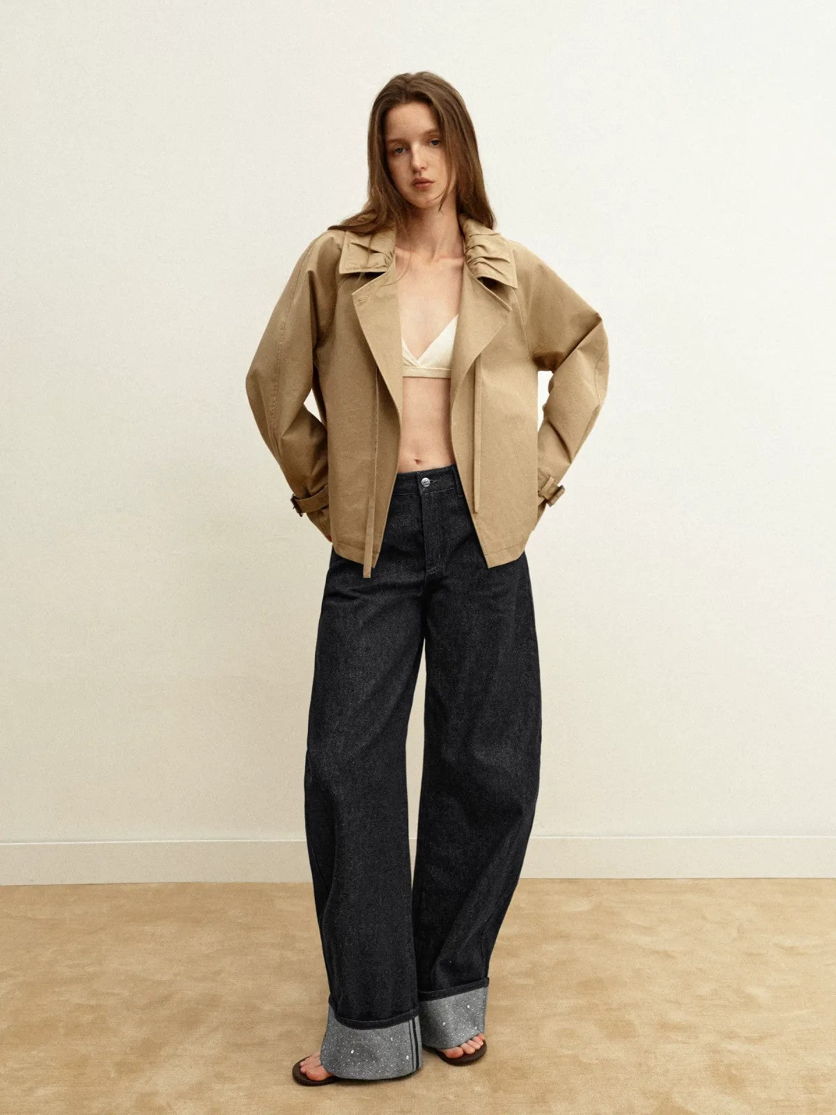 PUKI Rhinestone Cuff Curved Leg Jeans in Blue - On Model