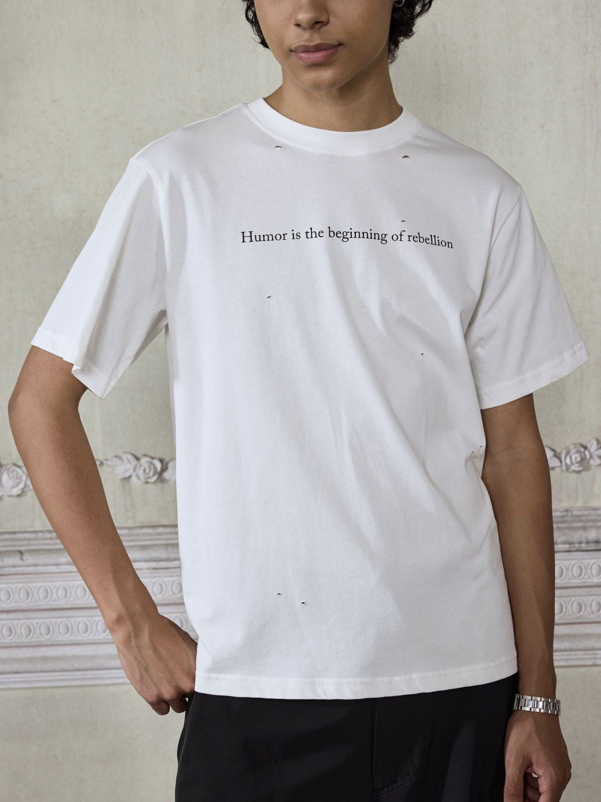 AFterTaste Distressed Slogan T Shirt in White - On Model