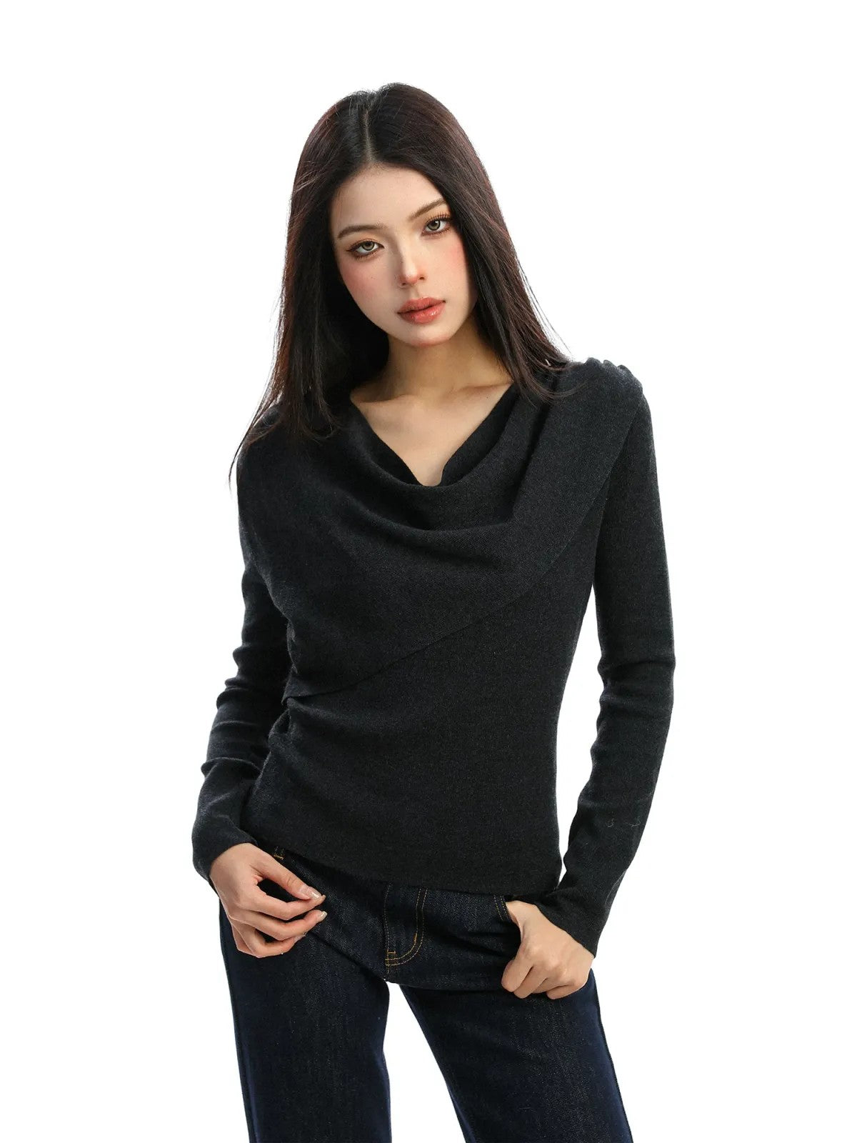 BIGGOLD STUDIO Asymmetric Cowl Neck Top in Gray - On Model