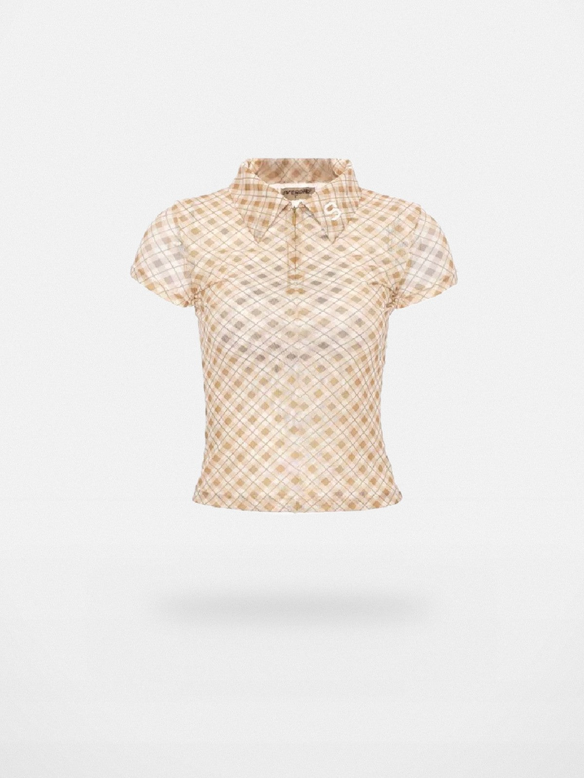 Amee Checkered Mesh Zip Front Polo in Yellow