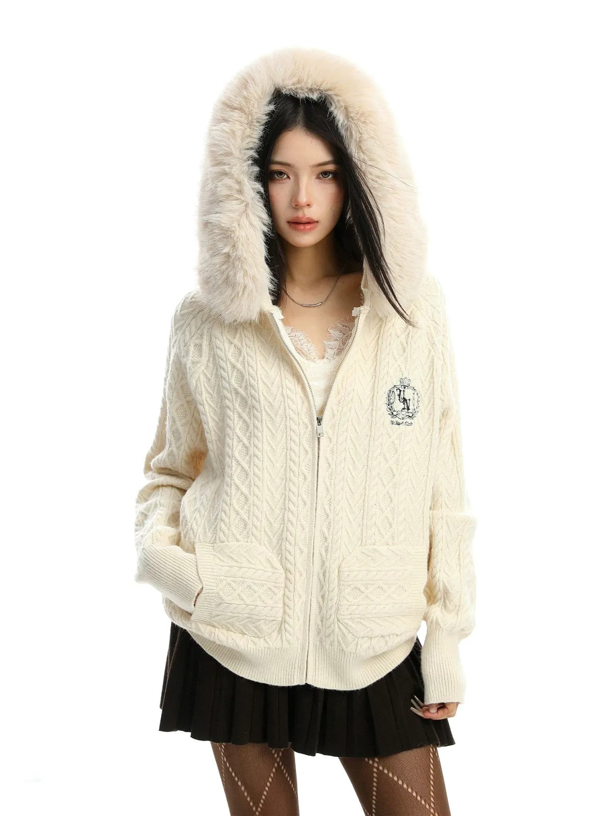 BIGGOLD STUDIO Fur Trimmed Cable Knit Zip Hoodie in White - On Model