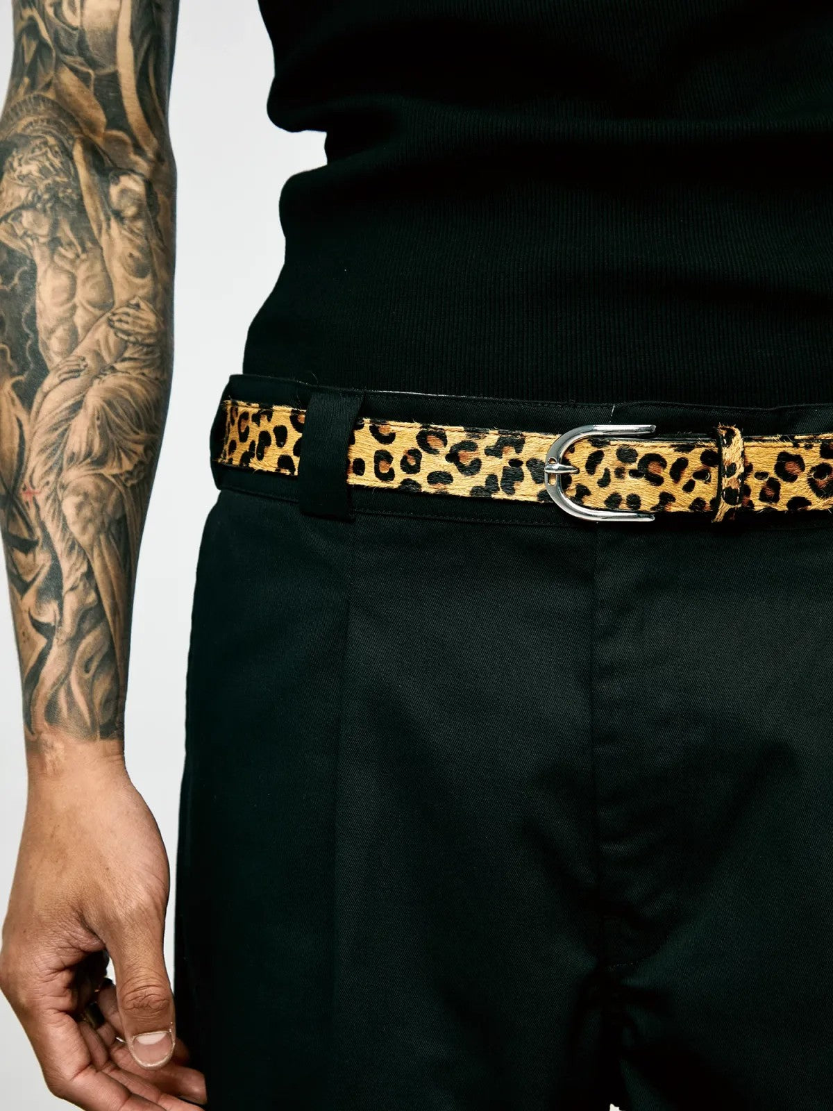 SWFI Far East Leopard Print Pony Hair Leather Belt in Black - On Model